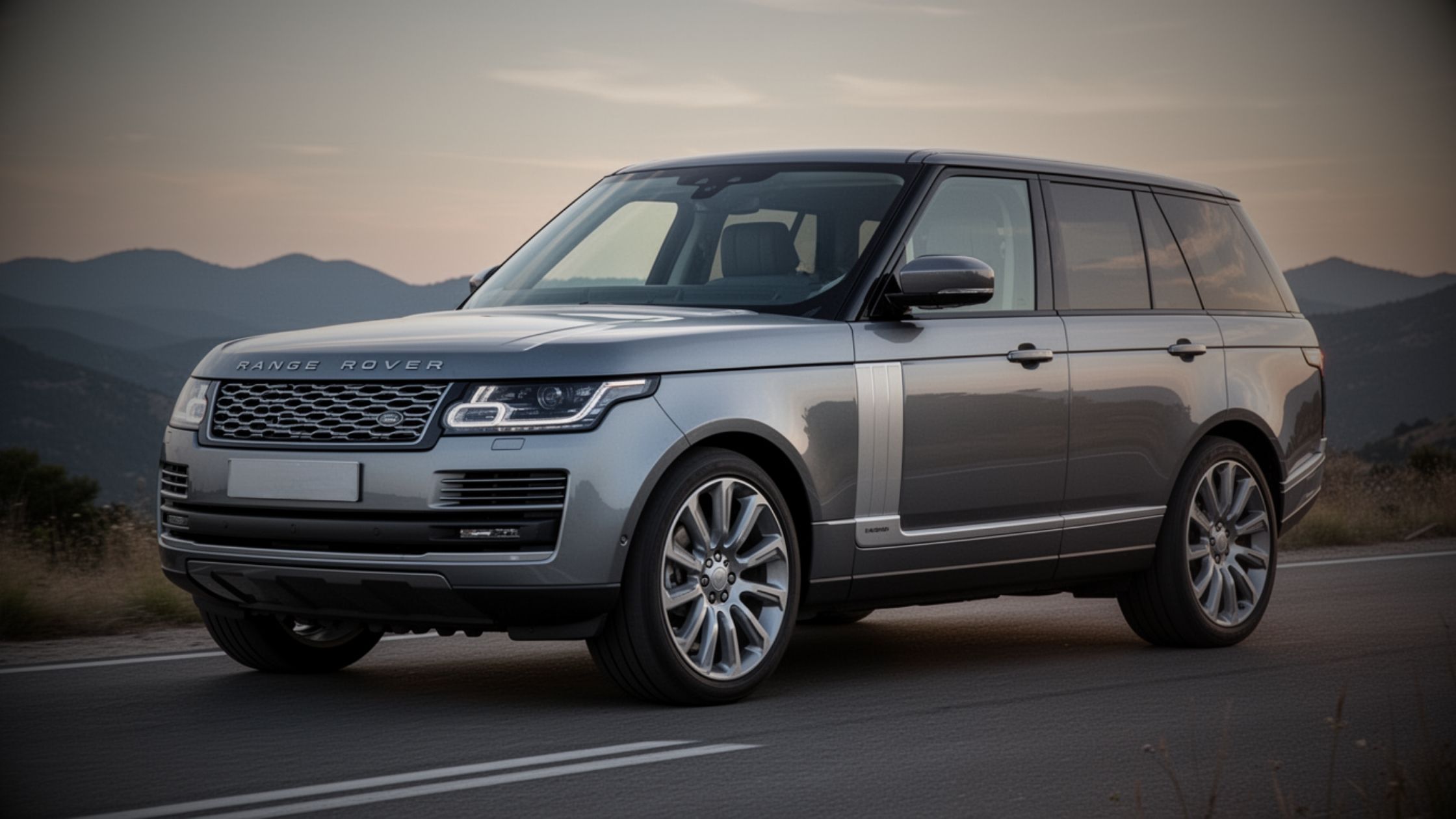 A silver Range Rover driving on a winding coastal road at dusk, highlighting the luxury SUV's sleek design and updated security features relevant to the new JLR insurance scheme.