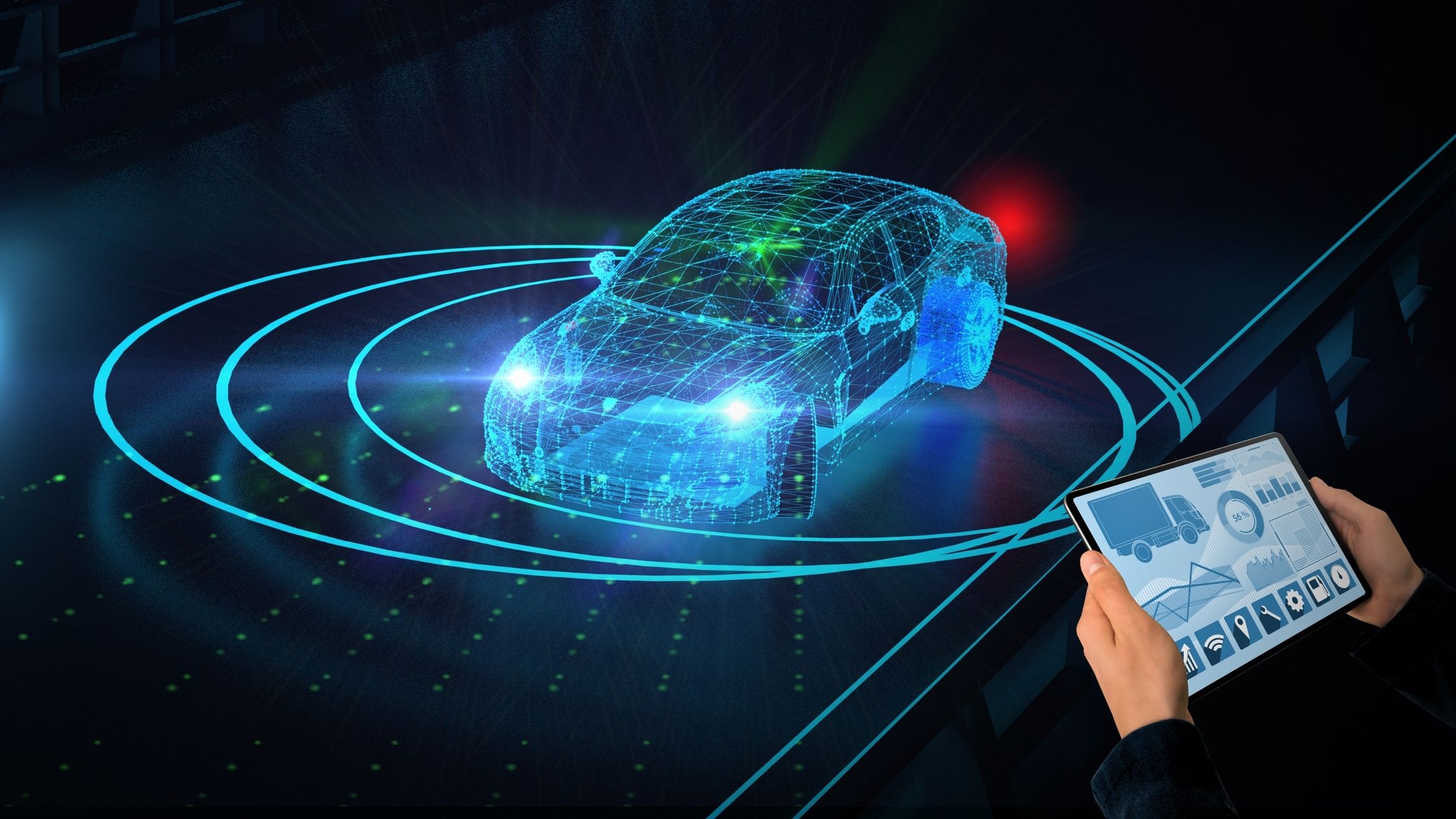 A digital wireframe of a car surrounded by glowing radar rings, with a hand holding a tablet displaying a fleet management dashboard, representing VINTTRO’s telematics and tracking technology