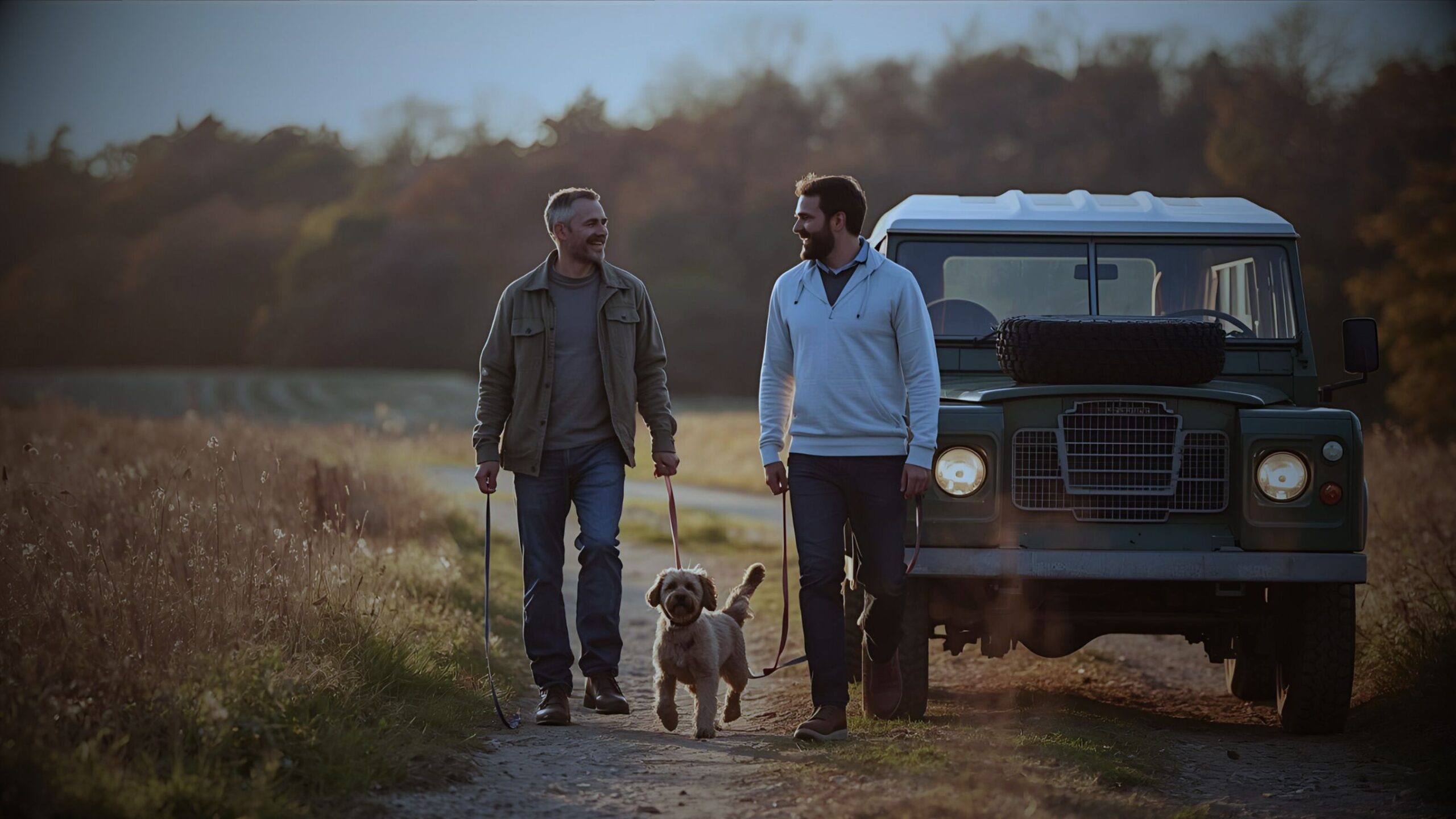 A couple walking a small dog on a leash, strolling along a dirt path next to a classic olive green Land Rover Defender parked in a scenic rural setting with fields and trees, representing a secure and adventurous lifestyle protected by VINTTRO Cover.