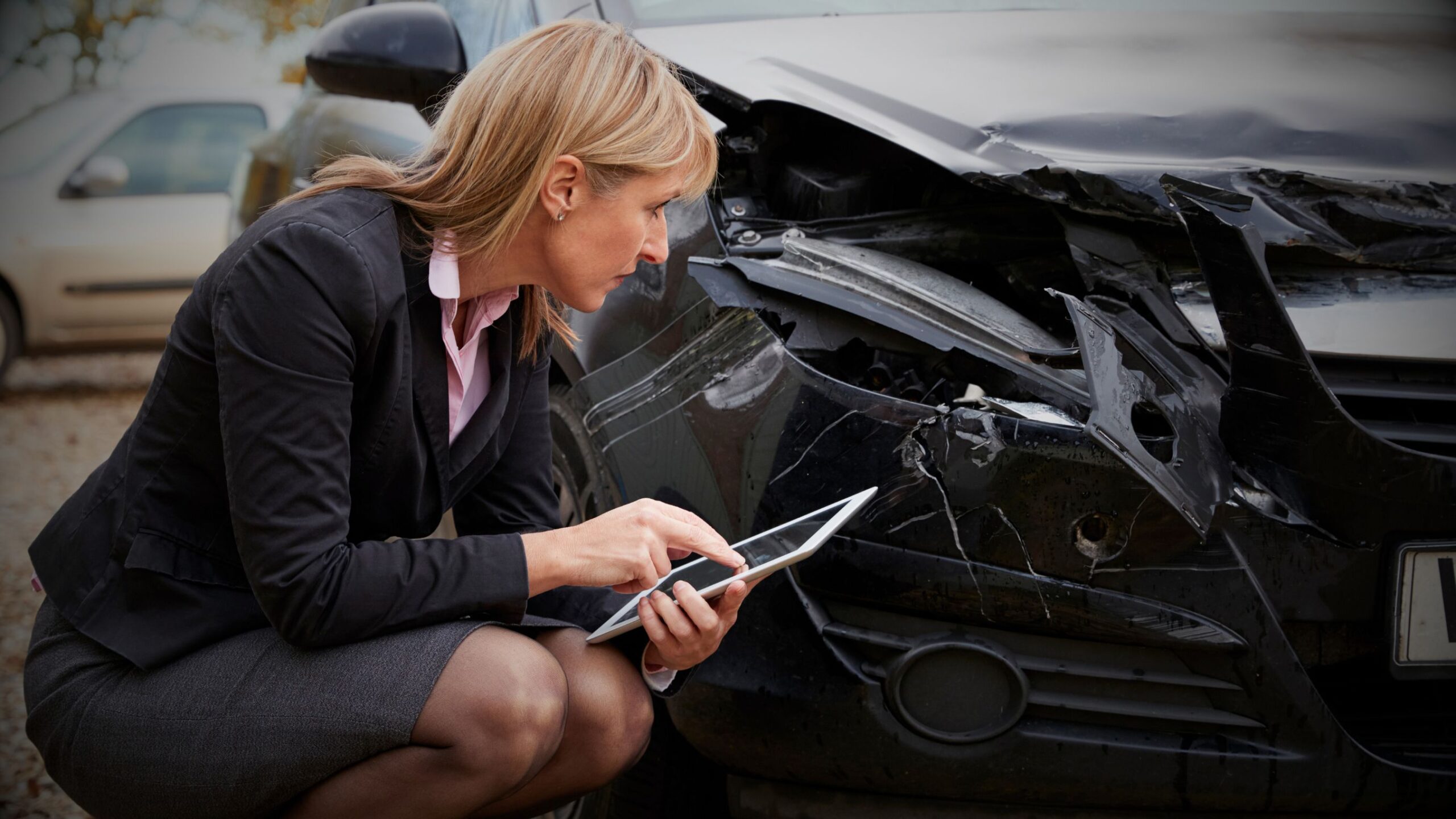 Female claims adjuster or loss engineer assessor in professional attire inspecting severe damage on a black car bumper while using a digital tablet for assessment, symbolising field claims inspection, Engineering and loss adjusting.
