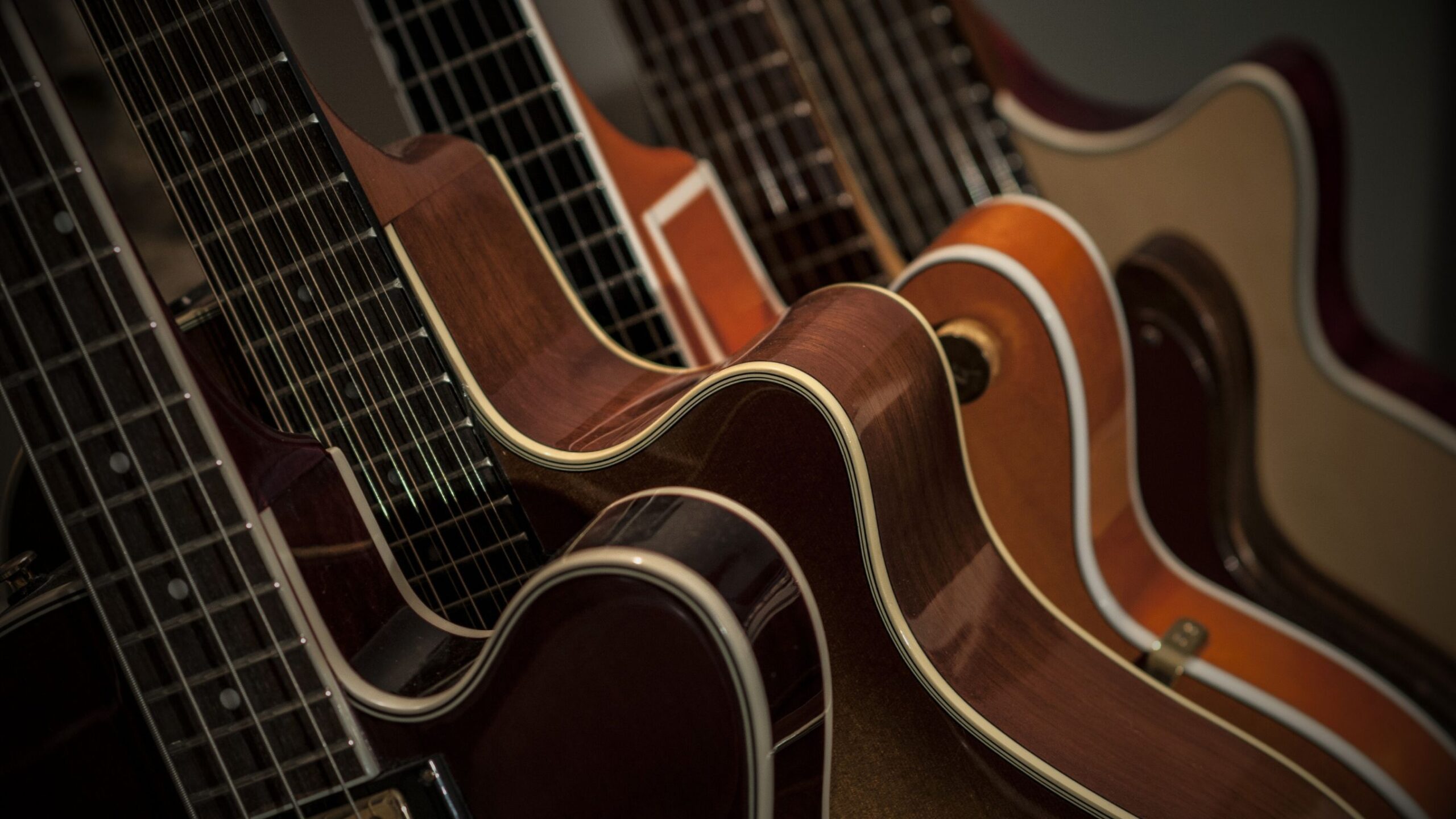 A close-up, low-angle shot of the rich, curved bodies of several high-end acoustic and hollow-body electric guitars lined up. The focus is on the warm wood tones and distinct white binding, suggesting valuable musical assets.