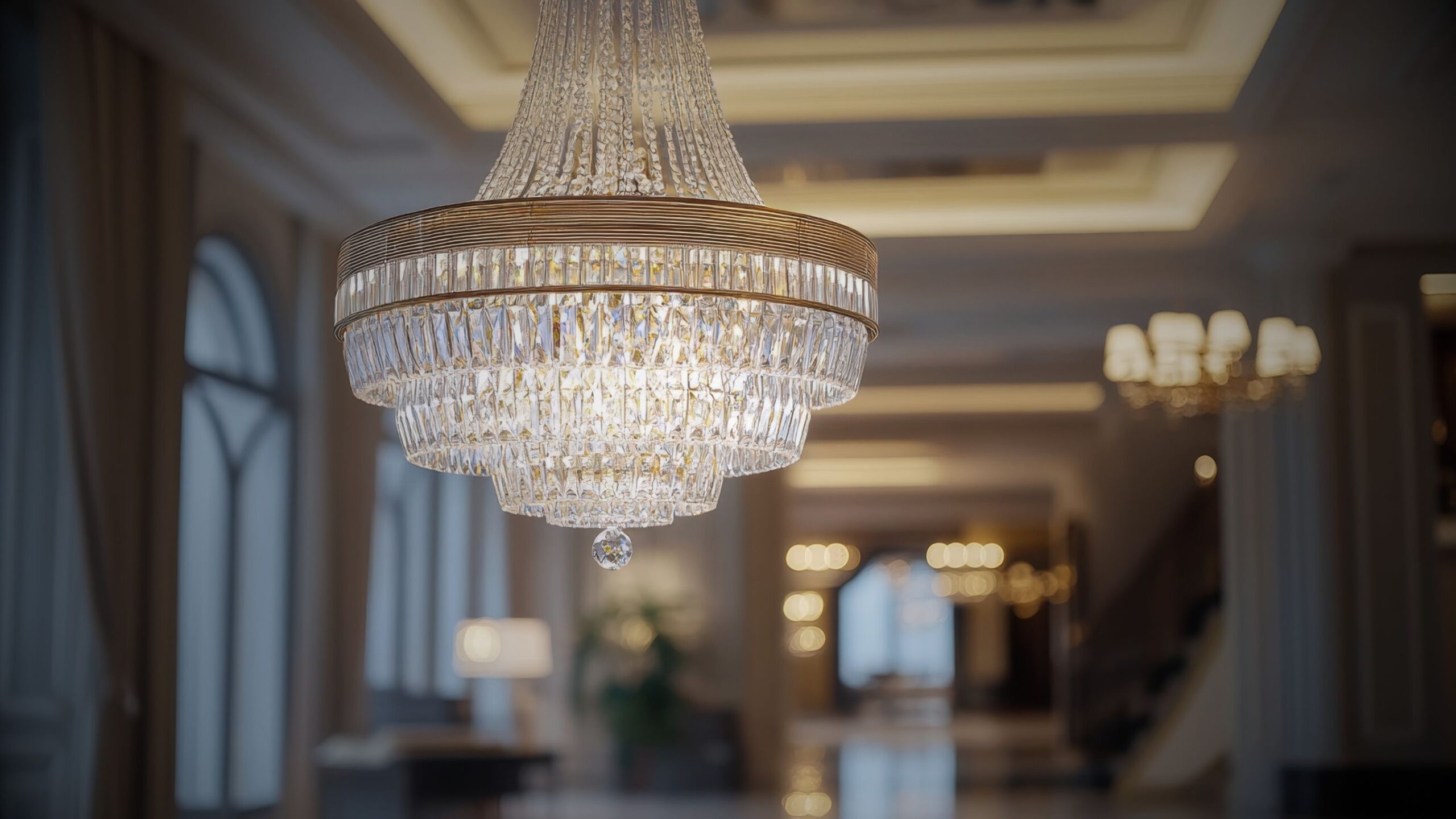 A close-up, low-angle shot of a multi-tiered crystal chandelier with a brass band, hanging in a grand, brightly lit luxury home or hotel lobby with tall arched windows and high ceilings.