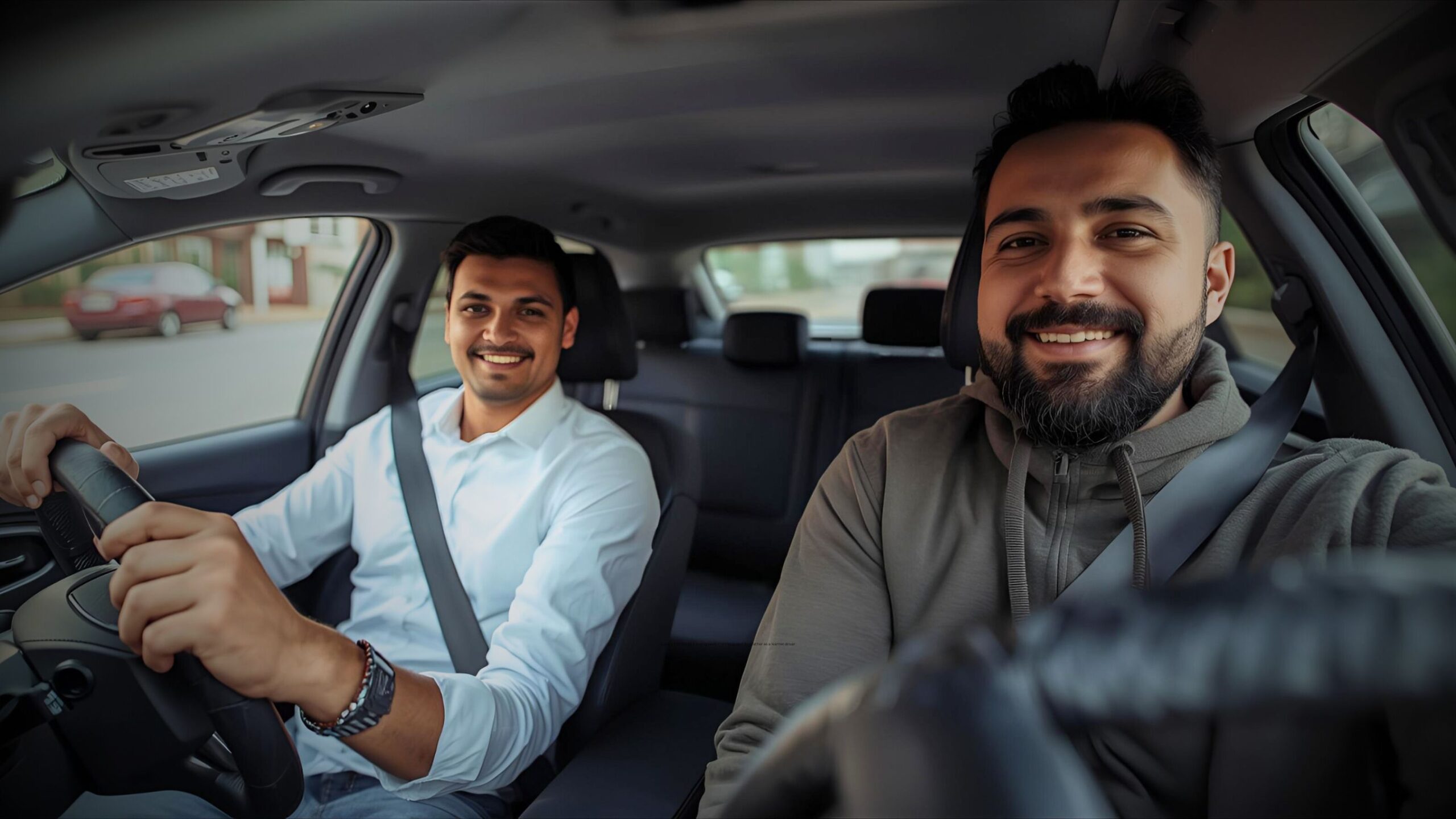 Two smiling men in a car, with the younger man driving and the older man supervising, emphasising learner driver practice.