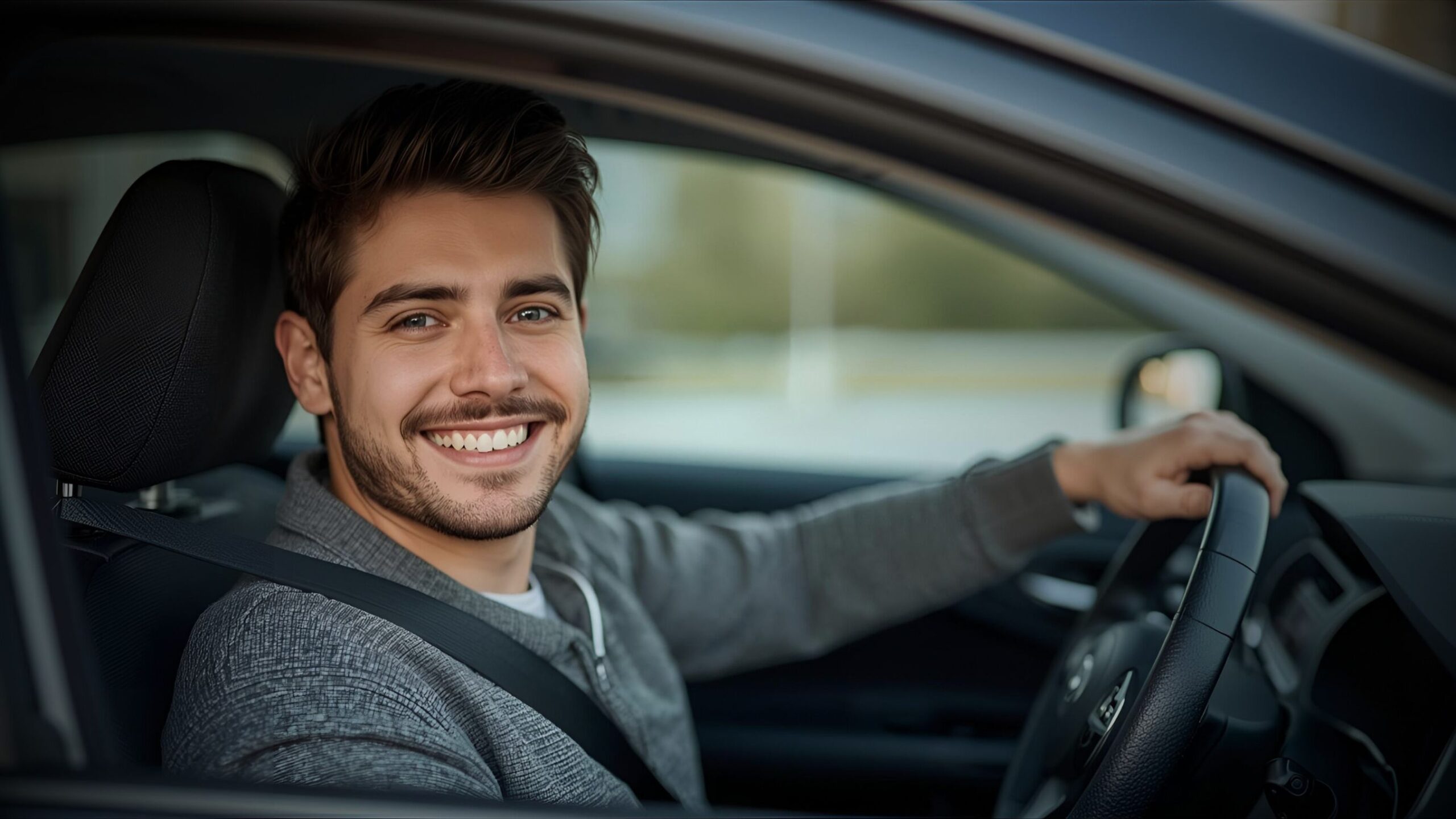 Confident male learner driver with a beard smiling directly at the camera while practicing driving, emphasising the ease and security of VINTTRO learner driver insurance.