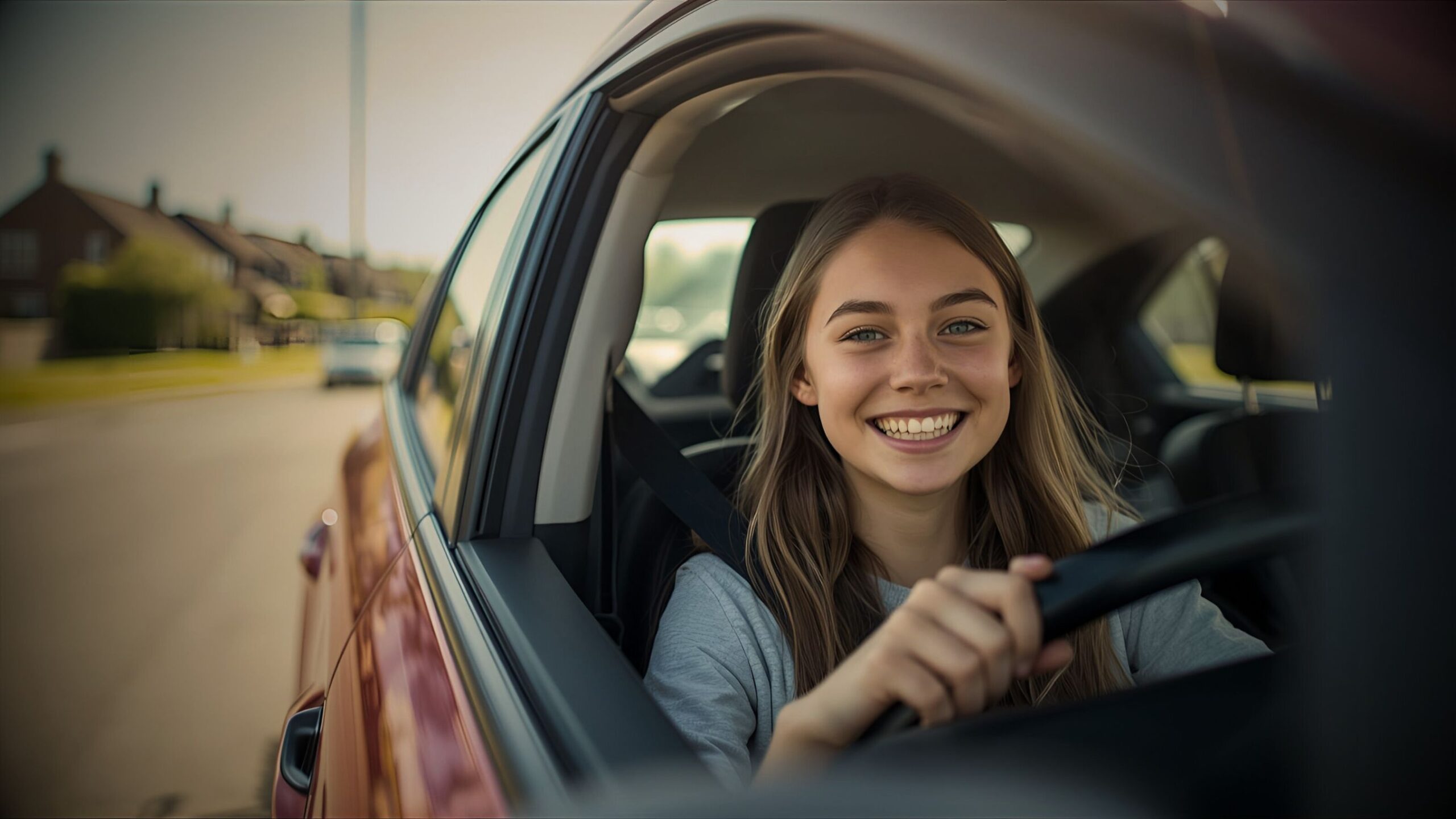 Happy young female learner driver smiling behind the wheel of a car on a suburban road.