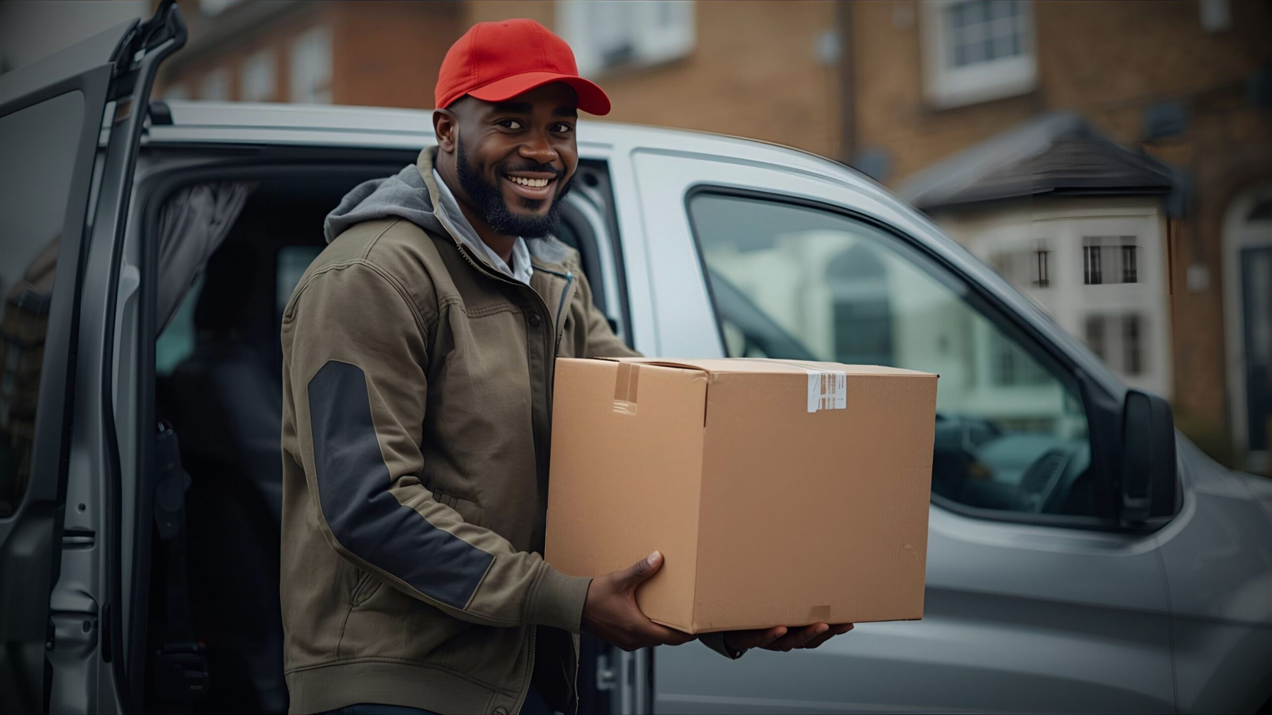 A friendly delivery driver in a red cap and brown jacket smiling while holding a large cardboard delivery box next to an open commercial van door, representing insurance for delivery and trade vehicles.