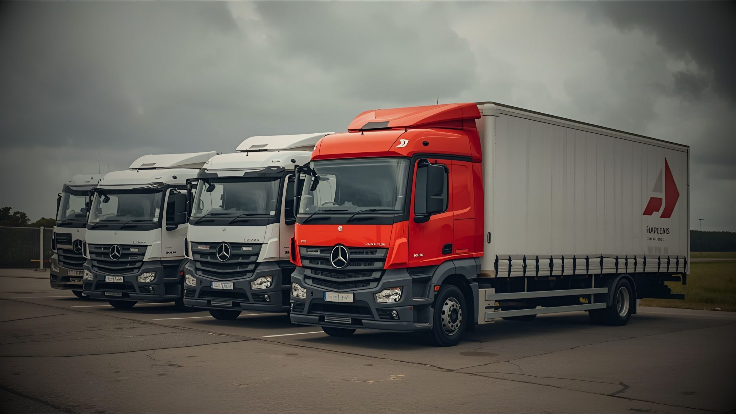 A line of four Mercedes-Benz heavy goods vehicles (HGVs) and large commercial trucks, with a prominent red cab in the foreground, representing truck and large fleet insurance.