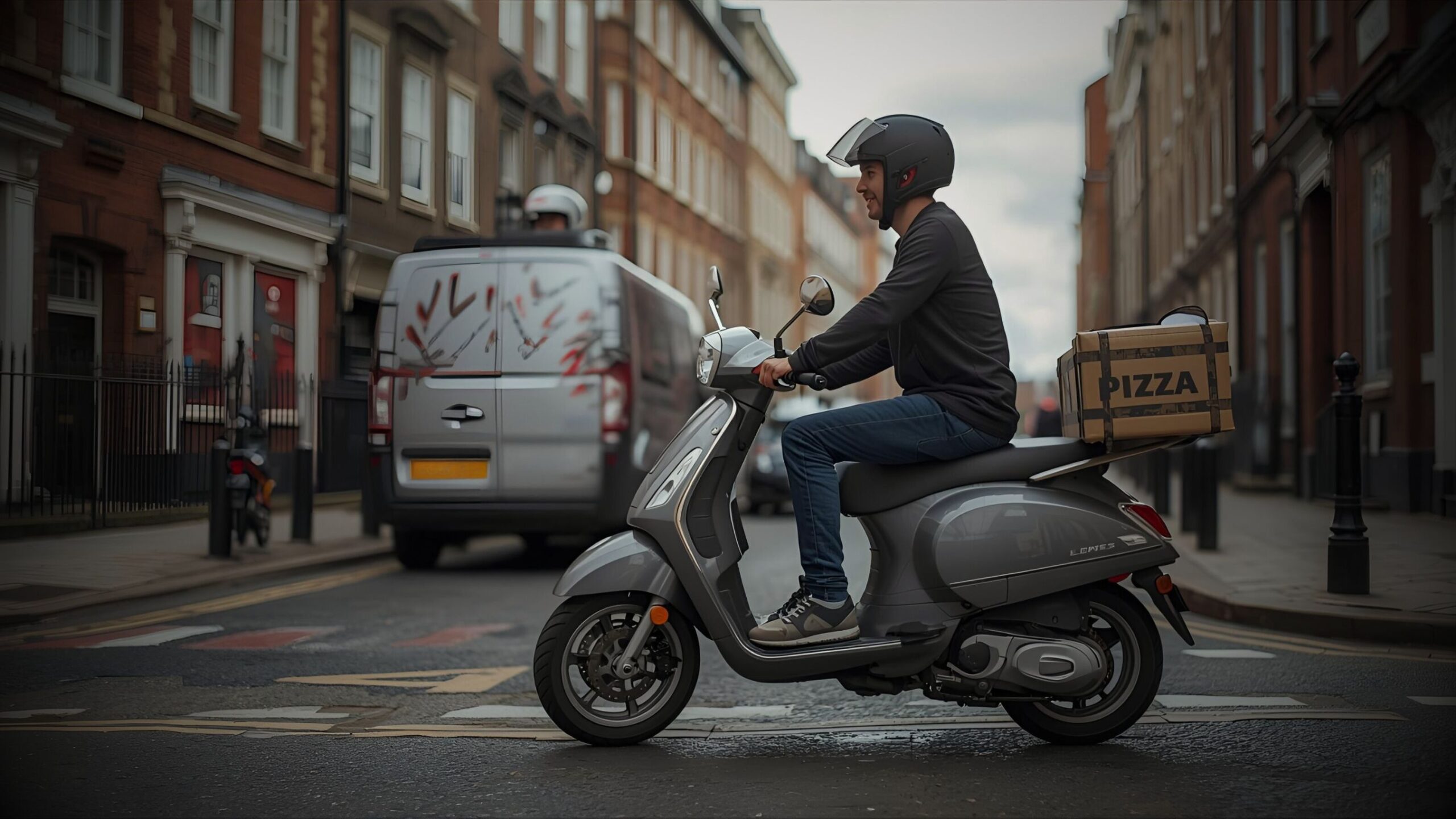Vespa Scooter A food delivery rider on a grey motor scooter carrying a pizza box, riding through a busy city street in London with a courier van in the background, illustrating fast food delivery and courier insurance.
