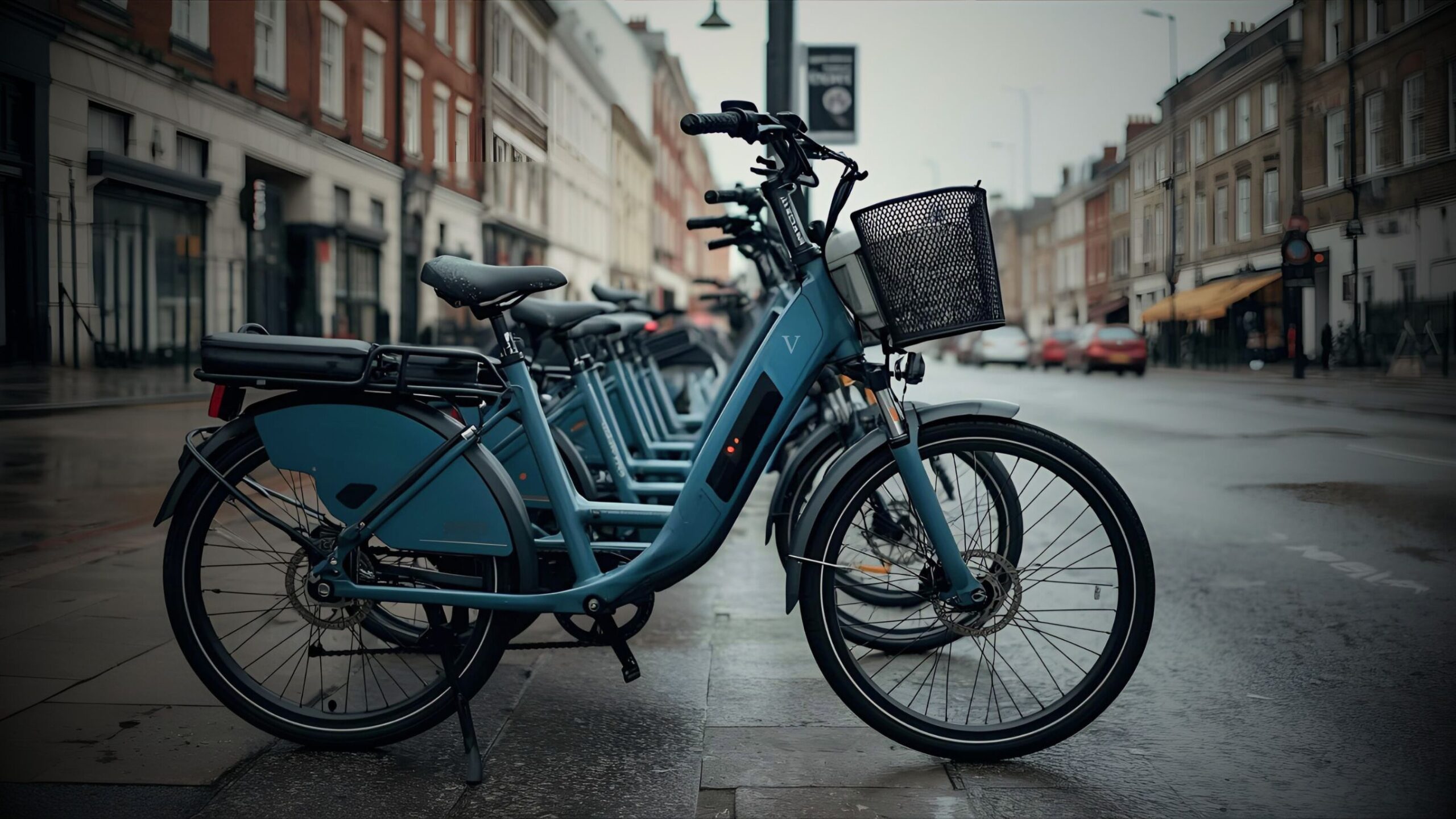 A line of blue electric bikes (e-bikes) with baskets docked on a wet city sidewalk, illustrating commercial e-bike fleet and delivery insurance.