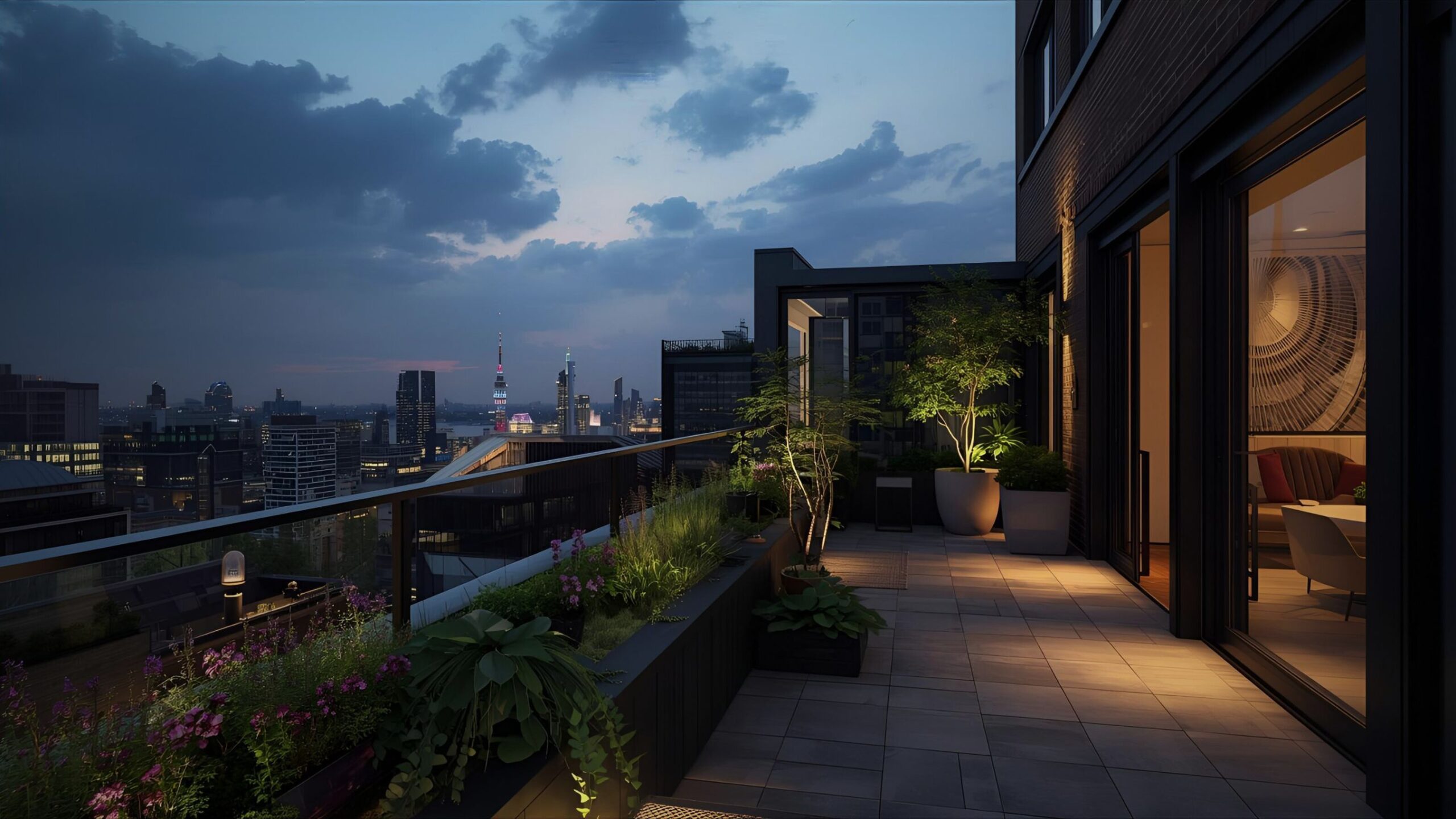 A wide, luxurious rooftop terrace or apartment balcony overlooking a London skyline at dusk, illustrating high-value urban apartment and contents insurance.