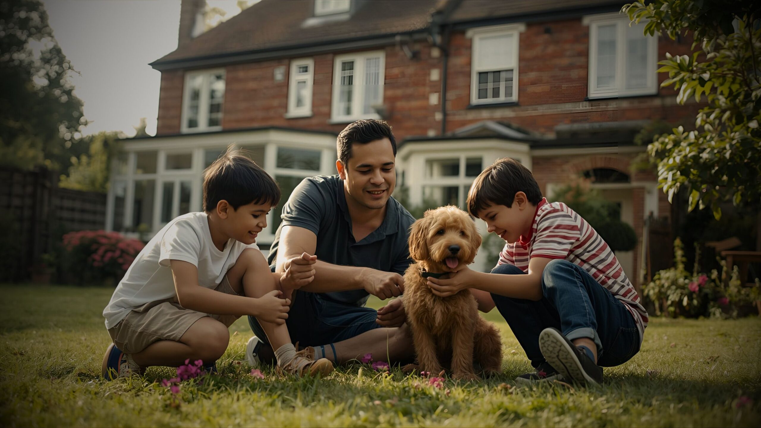 A father and two boys sitting on a lawn, smiling and petting a cockerpoo brown dog, with a traditional brick house and glass conservatory visible in the background, symbolising family home and contents protection.