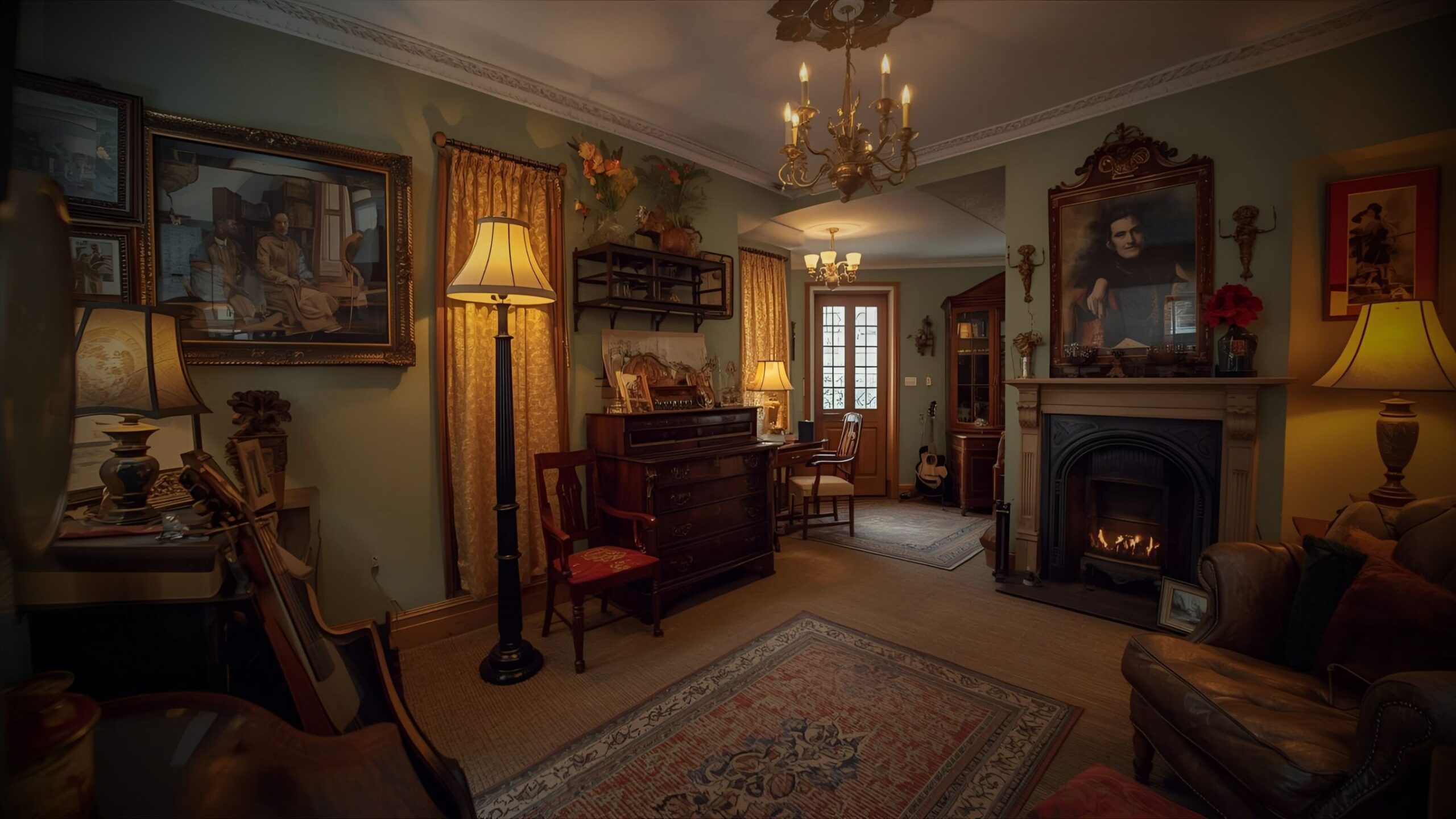 A dimly lit, richly decorated traditional living room featuring antique furniture, ornate picture frames, fine art on the walls, a vintage piano, and a guitar, illustrating high-value contents and antique insurance.