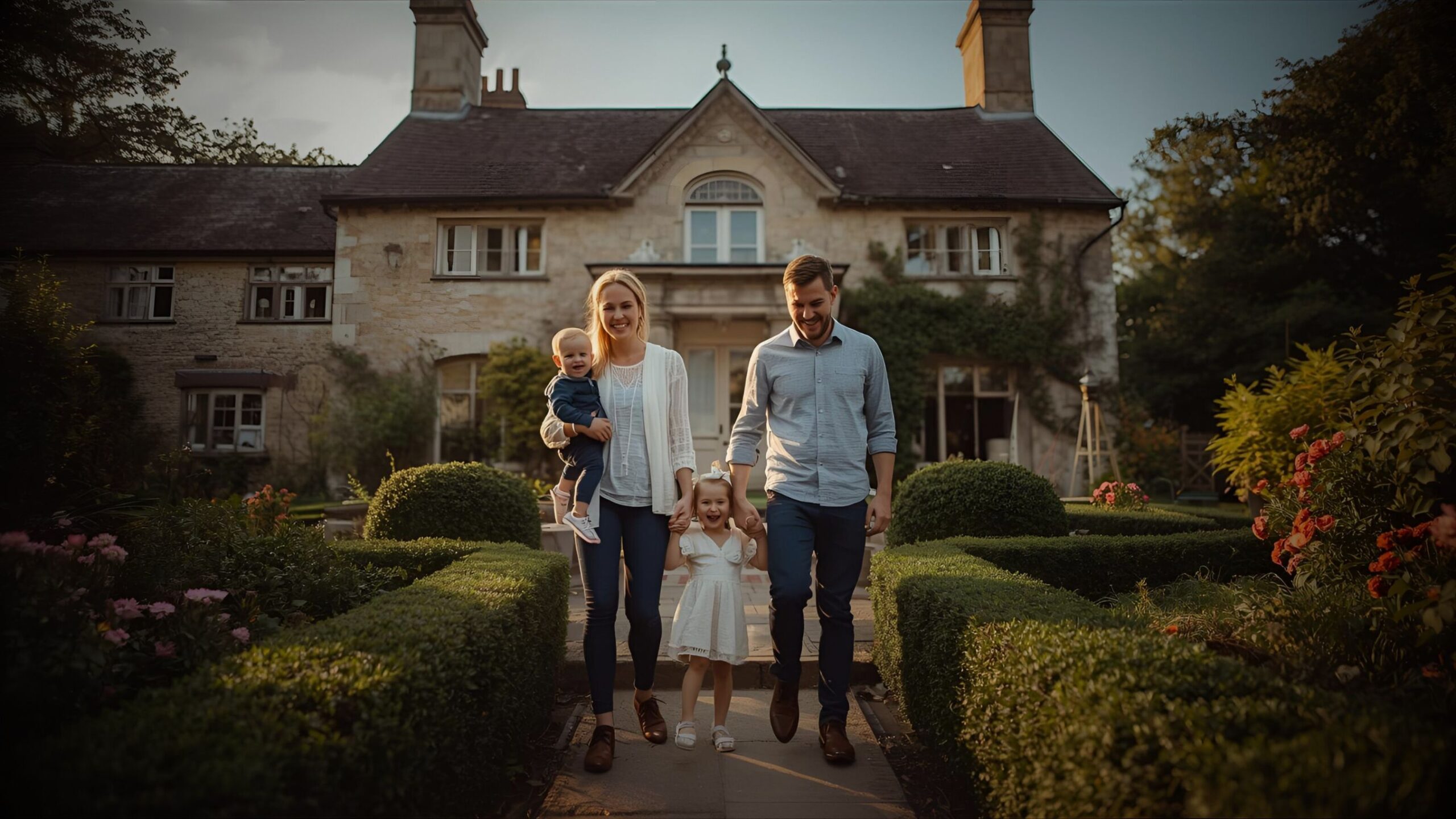 Home Insurance Image showing A smiling family, parents holding a toddler and a young girl, walking through a well-maintained garden toward a large, traditional country home.
