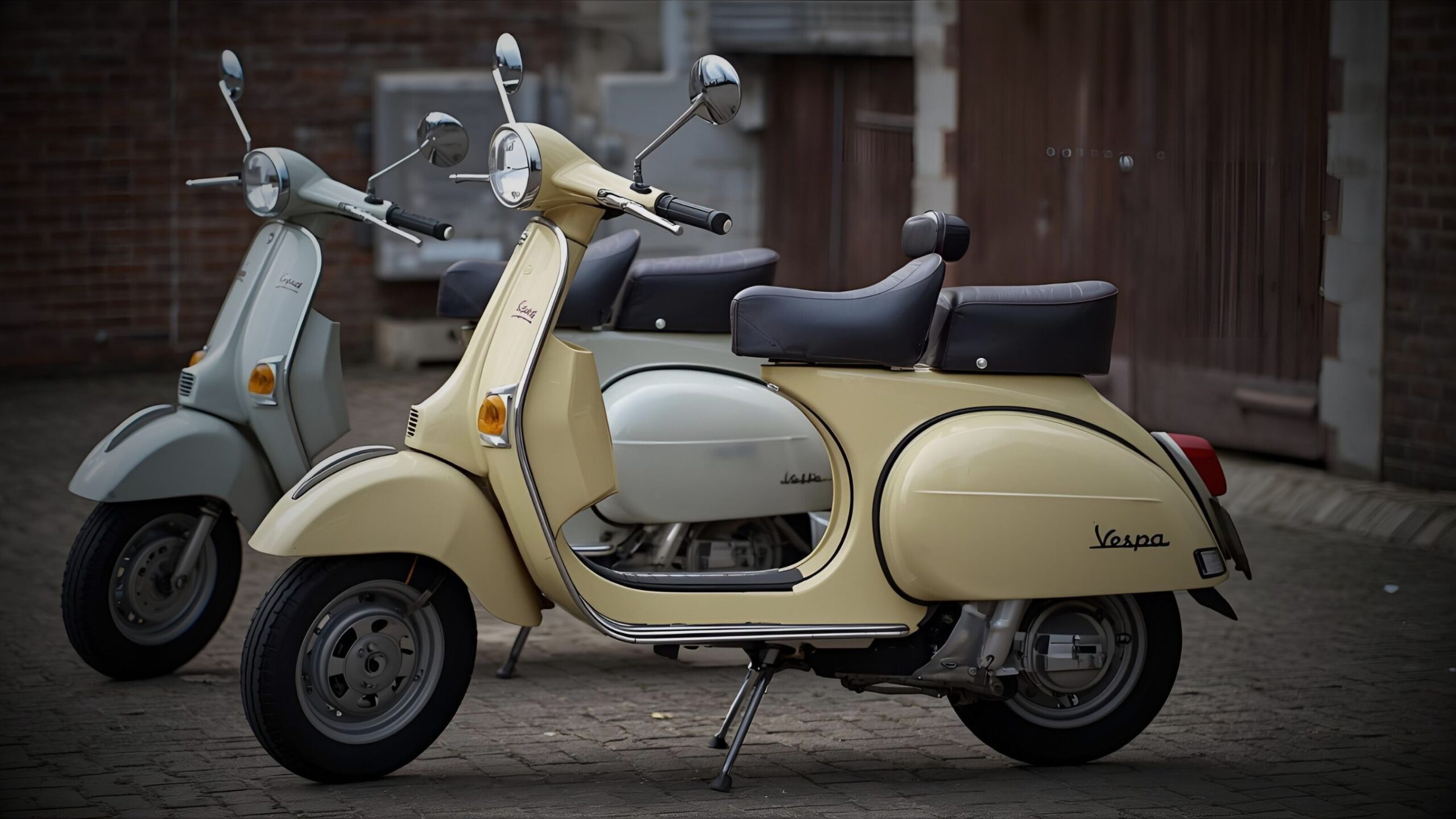 Classic Motorcycle -Scooter Two classic Vespa scooters, one cream and one light grey, parked on a cobblestone street, representing specialist classic scooter and motorcycle insurance from VINTTRO Cover.