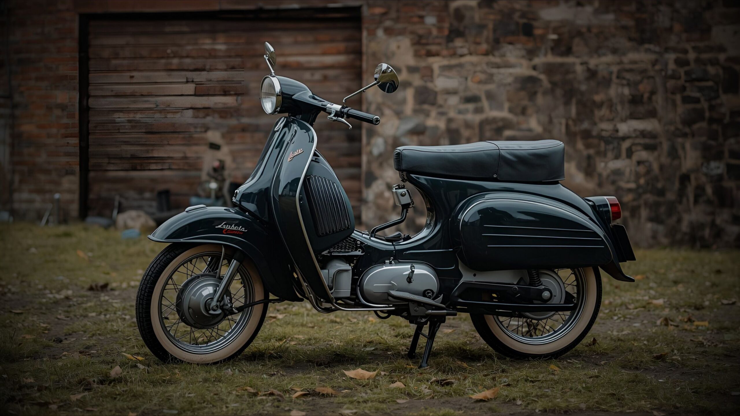 Classic Motorcycle Classic dark green Lambretta scooter parked on grass in front of a stone and wooden building, promoting VINTTRO Cover's specialist classic scooter insurance.
