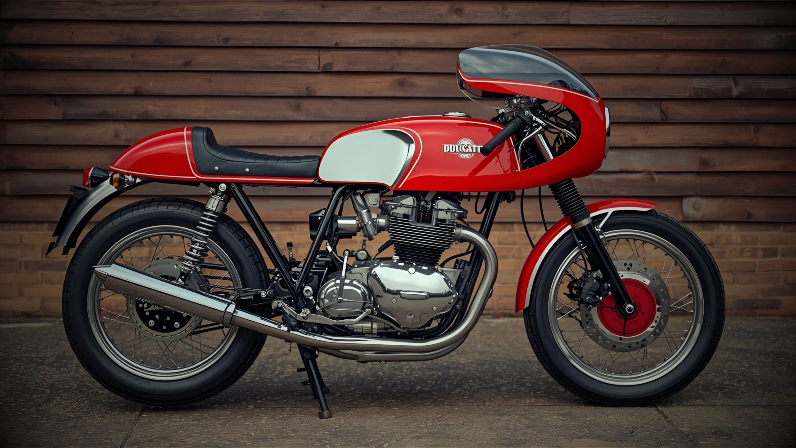 Classic Motorcycle Classic red and silver Ducati café racer motorcycle parked in front of a wooden wall, representing VINTTRO Cover's specialist classic motorcycle insurance.