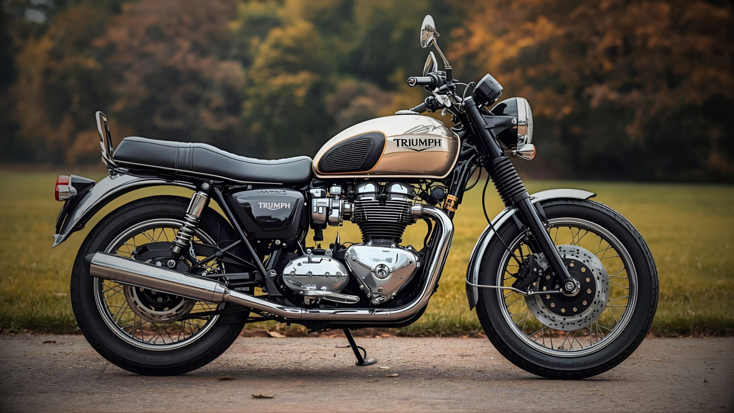 A beautifully restored vintage Triumph Bonneville motorcycle with a gold and black tank, polished chrome, and classic styling, parked on an asphalt path with a blurred natural background, representing VINTTRO Cover's classic motorcycle insurance.
