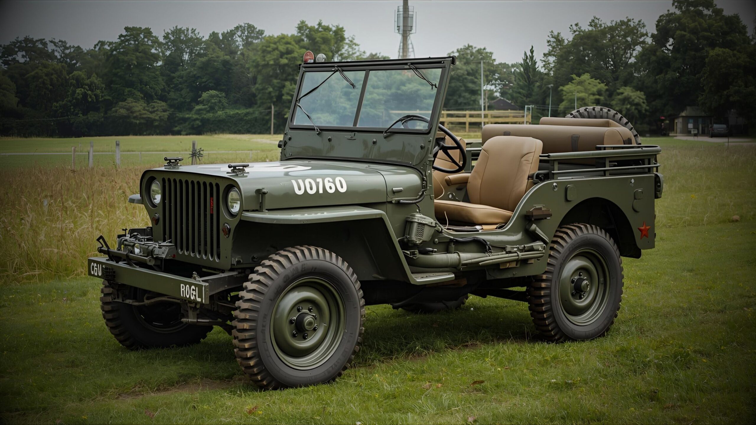 A well-maintained olive drab ex-military Willys Jeep, complete with military markings "U0760", a fold-down windshield, and canvas seats, parked in a green field with trees and a structure in the background, representing VINTTRO Cover's specialized ex-military vehicle insurance.