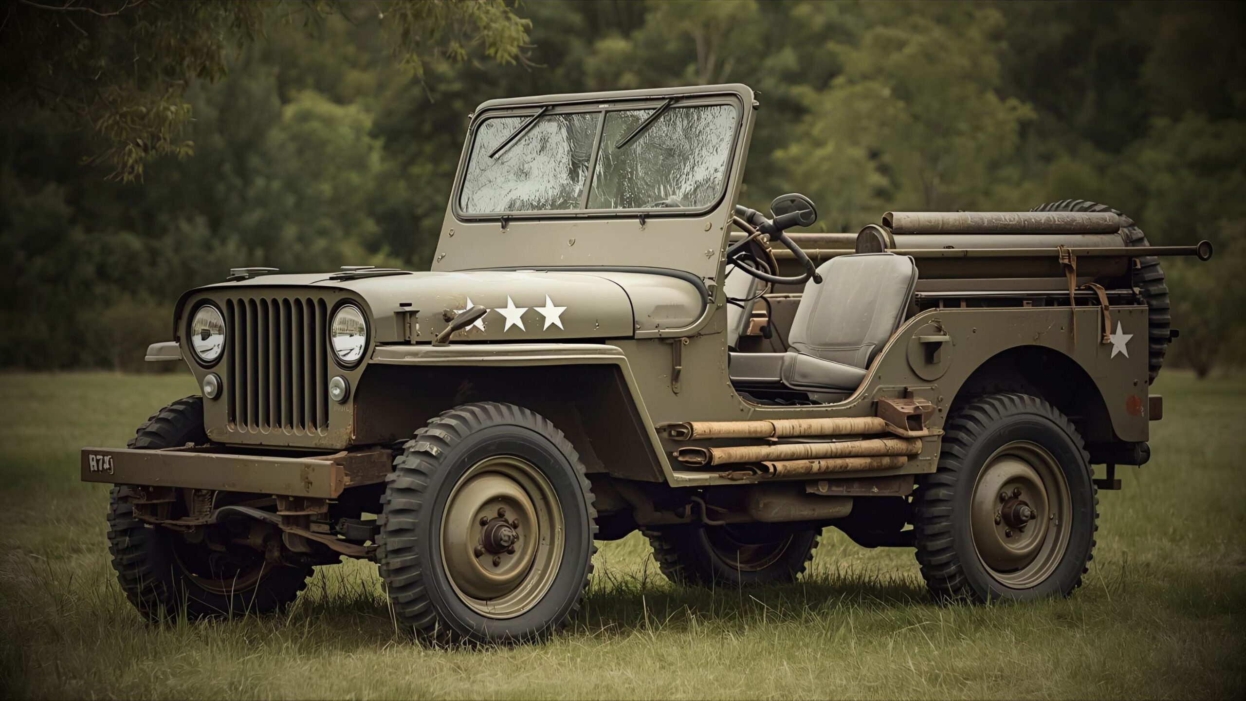 A perfectly restored vintage olive drab military Jeep (likely a Willys MB or Ford GPW) with white stars, parked in a grassy field with trees in the background, representing VINTTRO Cover's specialised ex-military vehicle insurance.