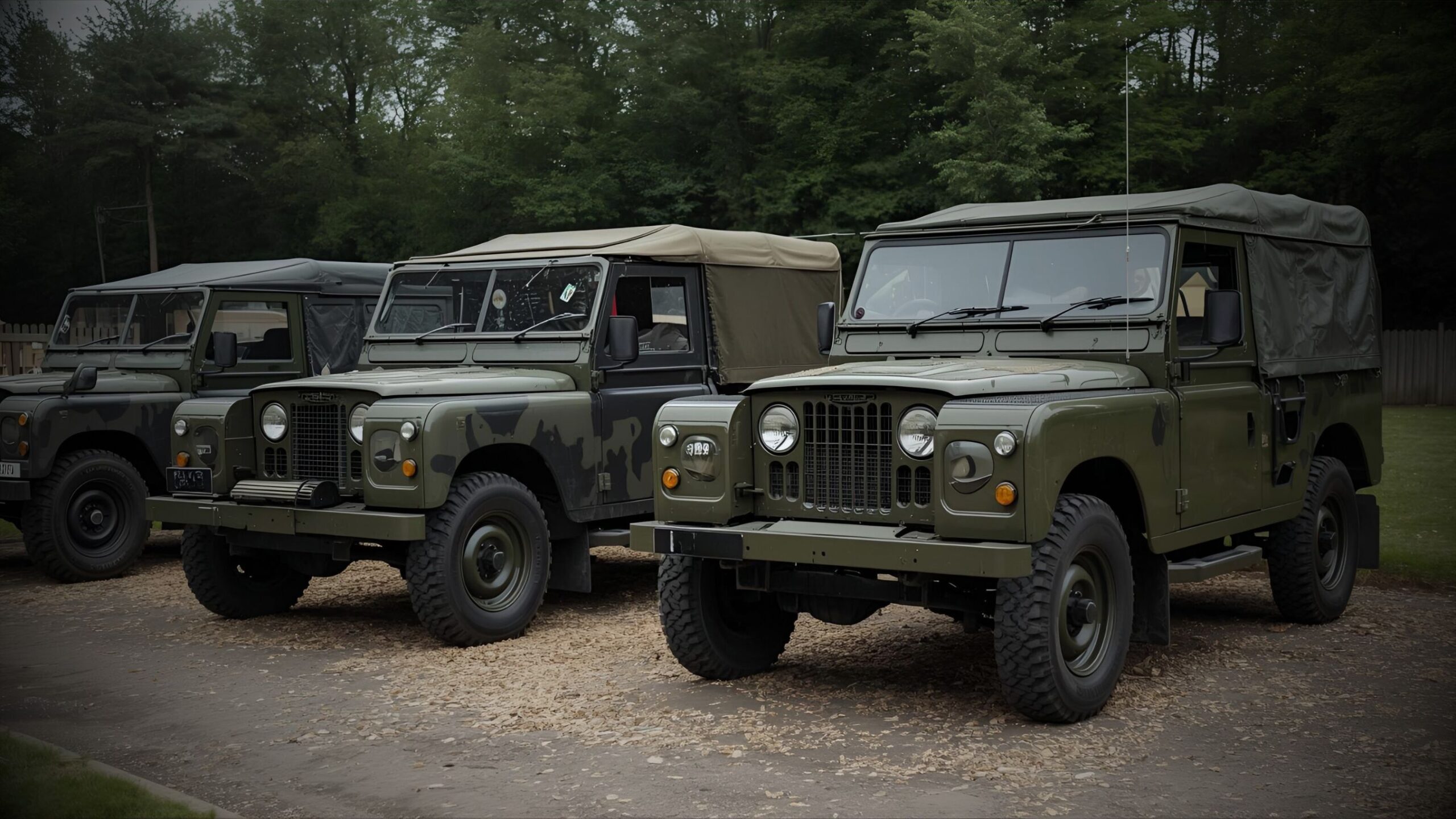 A line up of three classic military green Land Rover Series II or III 4x4s with soft tops, parked on a gravel track, representing niche vehicle insurance for ex-military vehicles and off-road classics.