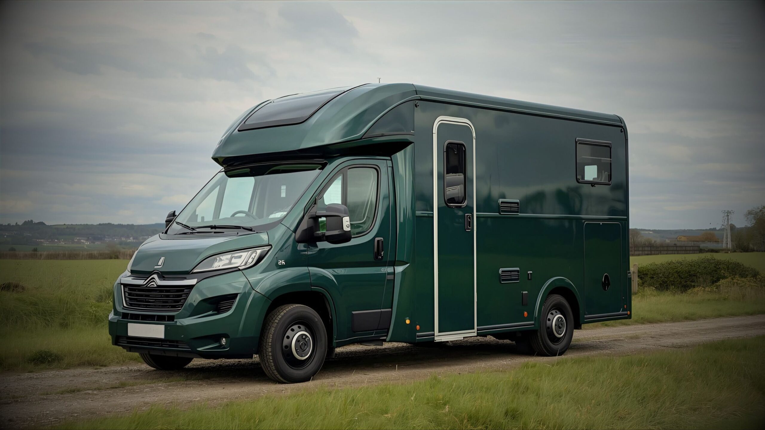 A modern, dark green purpose-built horsebox vehicle, based on a Citroën chassis, with a side entrance door and horse compartment windows, parked on a dirt track in a grassy field under a cloudy sky, representing VINTTRO Cover's horsebox vehicle insurance.