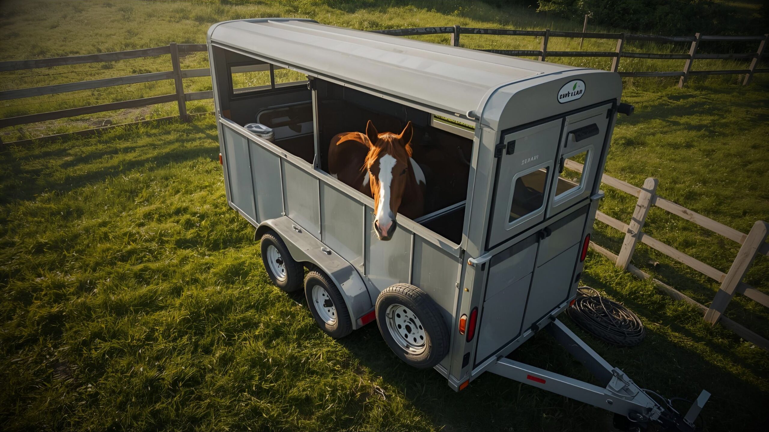 An aerial shot of a brown and white horse looking out from the side window of a modern grey horse trailer, hitched in a green grassy paddock with a wooden fence, representing VINTTRO Cover's horsebox and trailer insurance.