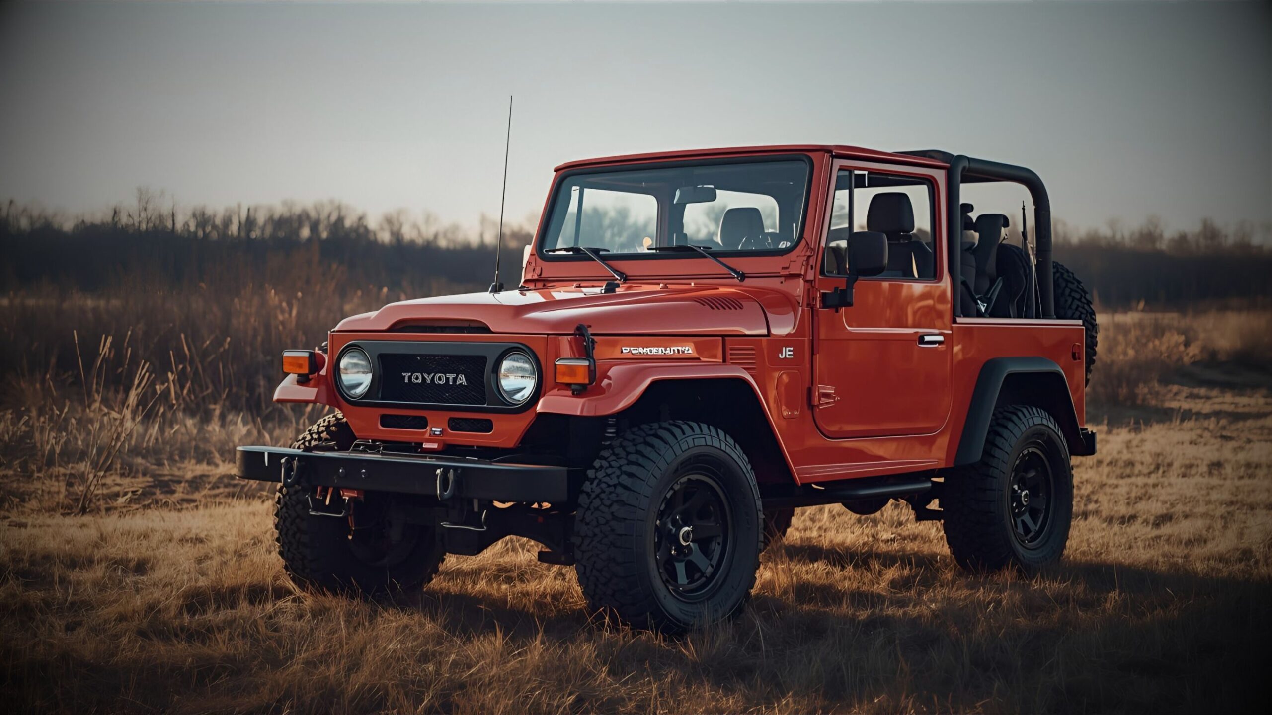 Toyota Jeep A rugged, vibrant orange classic Toyota Land Cruiser FJ40, an iconic off-road import vehicle, parked in a grassy field with a clear horizon, representing VINTTRO Cover's specialized import car insurance.