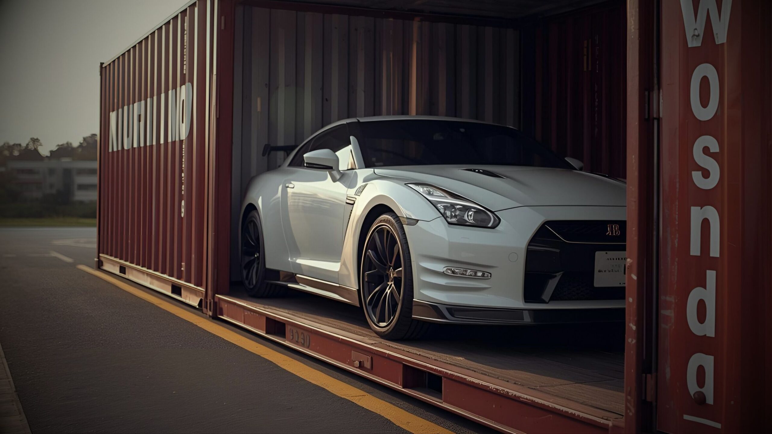 A white Nissan GT-R R35 sports car being unloaded from a red shipping container, illustrating specialist insurance cover and vehicle importing for newly imported JDM and high-performance vehicles.