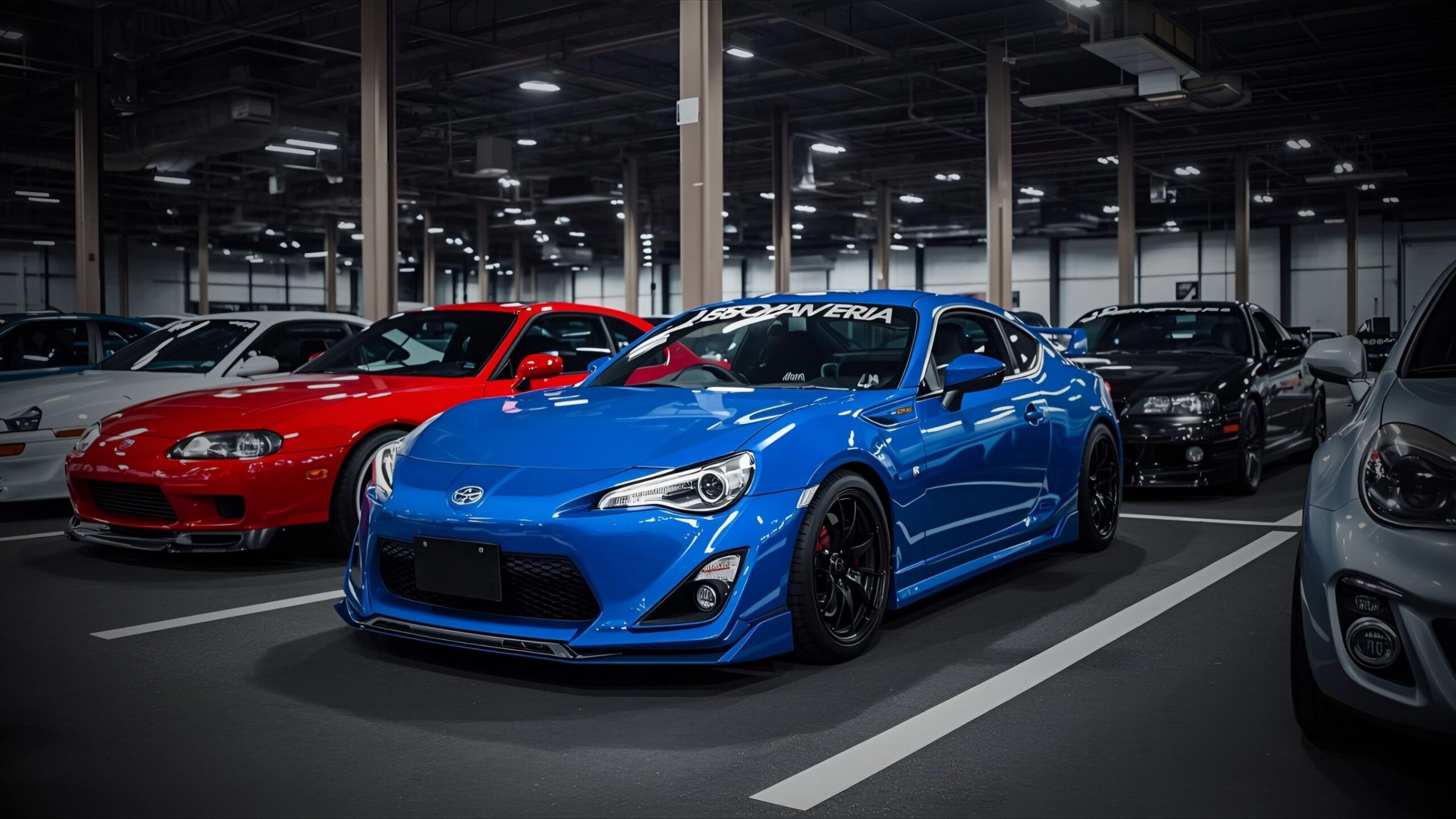 JDM Car Import Niche Cars and Import Cars - A vibrant blue modified Toyota GT86/Subaru BRZ parked in a large indoor lot surrounded by other JDM sports cars, including a red Toyota Supra and a dark Nissan, representing specialist modified JDM car insurance.