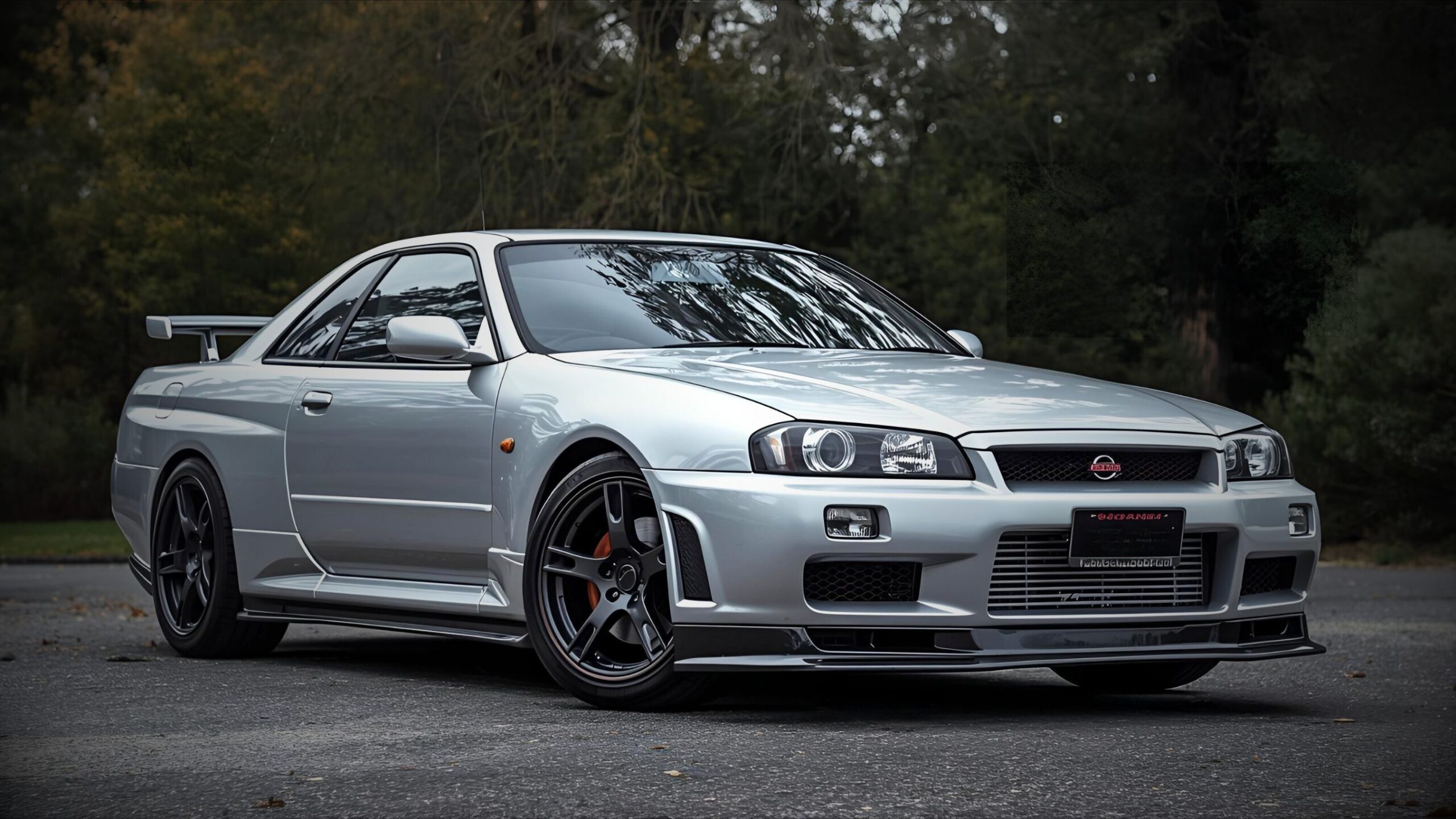 A sleek silver Nissan Skyline GT-R R34, a highly sought-after Japanese import sports car, parked on an asphalt surface with trees in the background, representing VINTTRO Cover's import car insurance