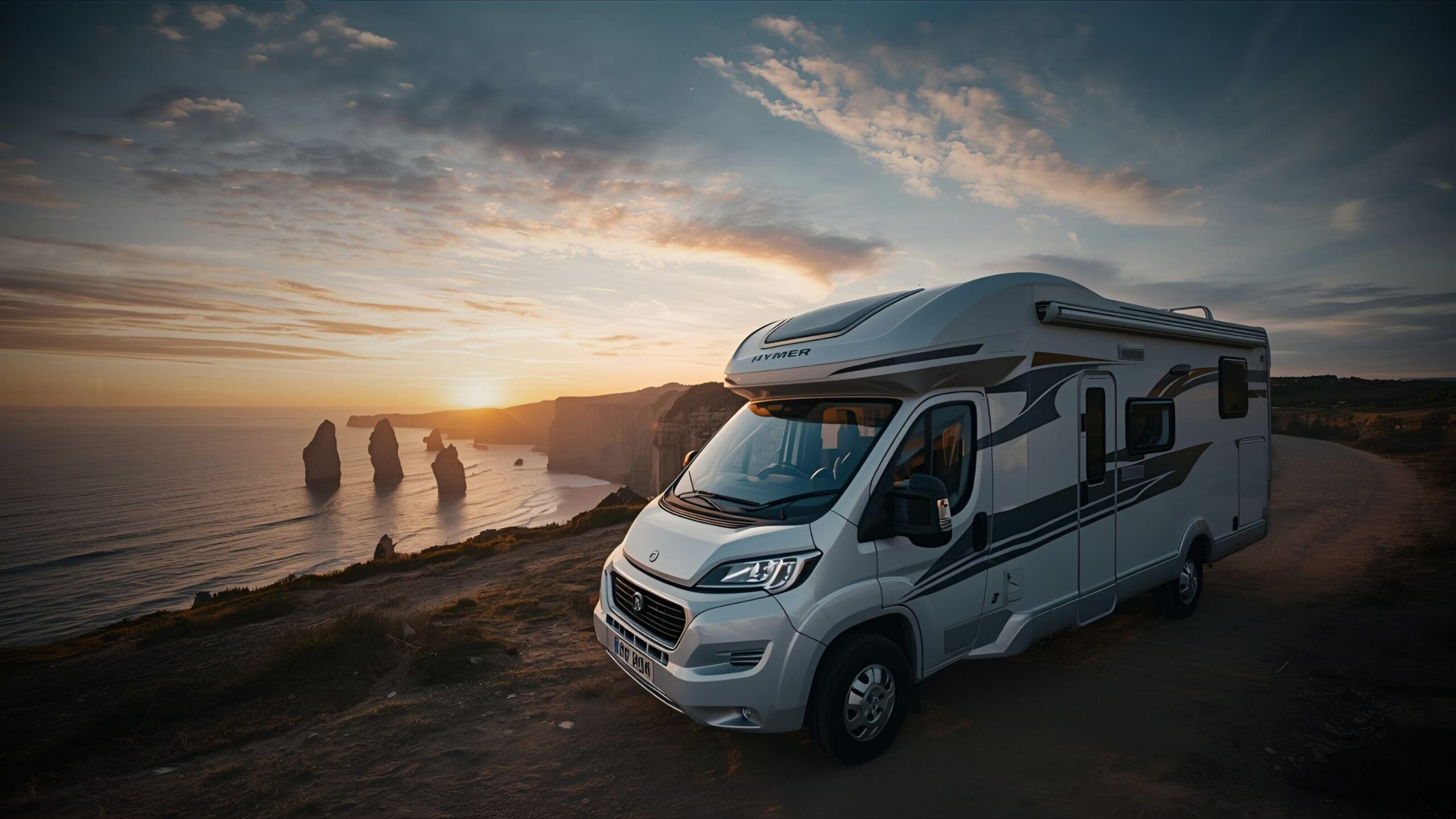 A silver Hymer motorhome parked on a coastal cliff road overlooking the ocean and three sea stacks at sunset, conveying freedom and adventure for campervan and motorhome insurance.