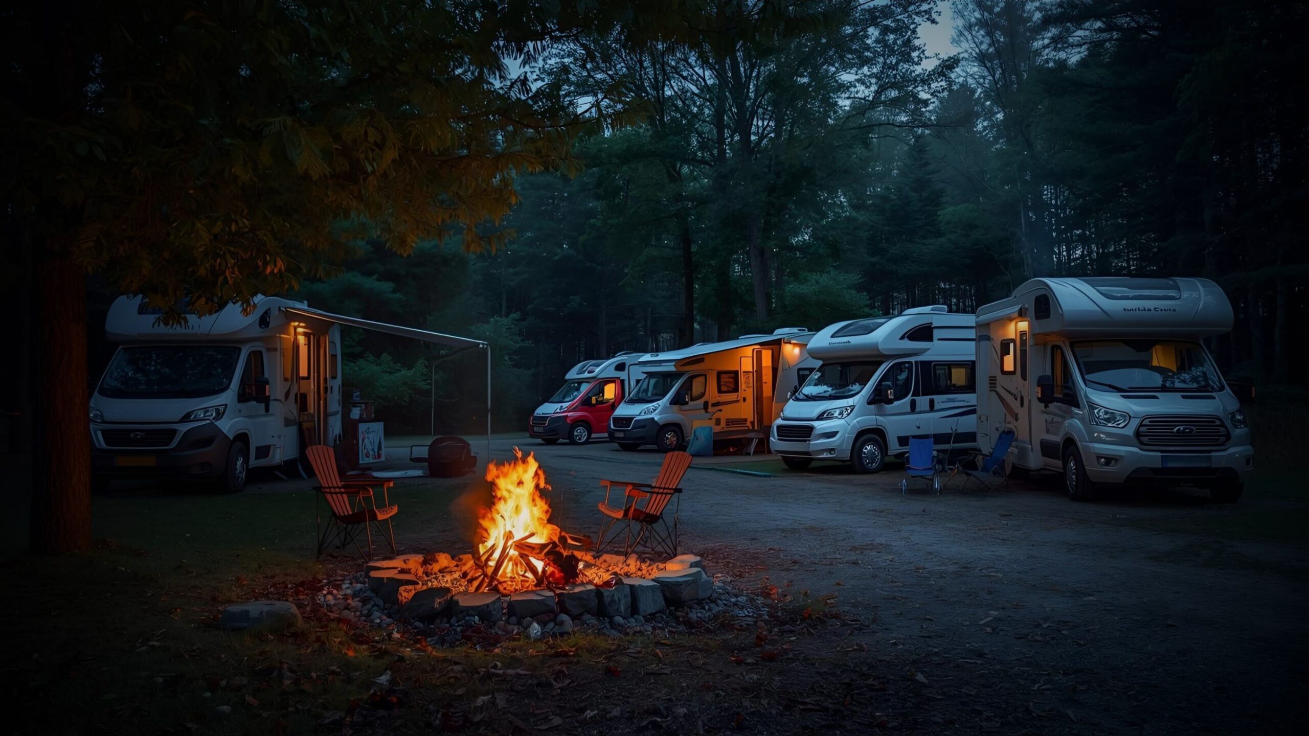 Camping By The Fire A cozy campsite scene at dusk with a ring of modern motorhomes and camper vans parked around a large, bright campfire with two empty chairs, illustrating overnight and campsite cover.