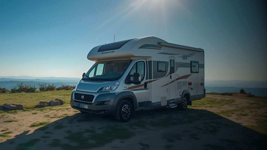 Motorhomes: A modern, luxury semi-integrated white and silver Motorhome (identified as an Arca) parked on a sunny hilltop with panoramic mountain views, highlighting specialist motorhome insurance for modern vehicles.