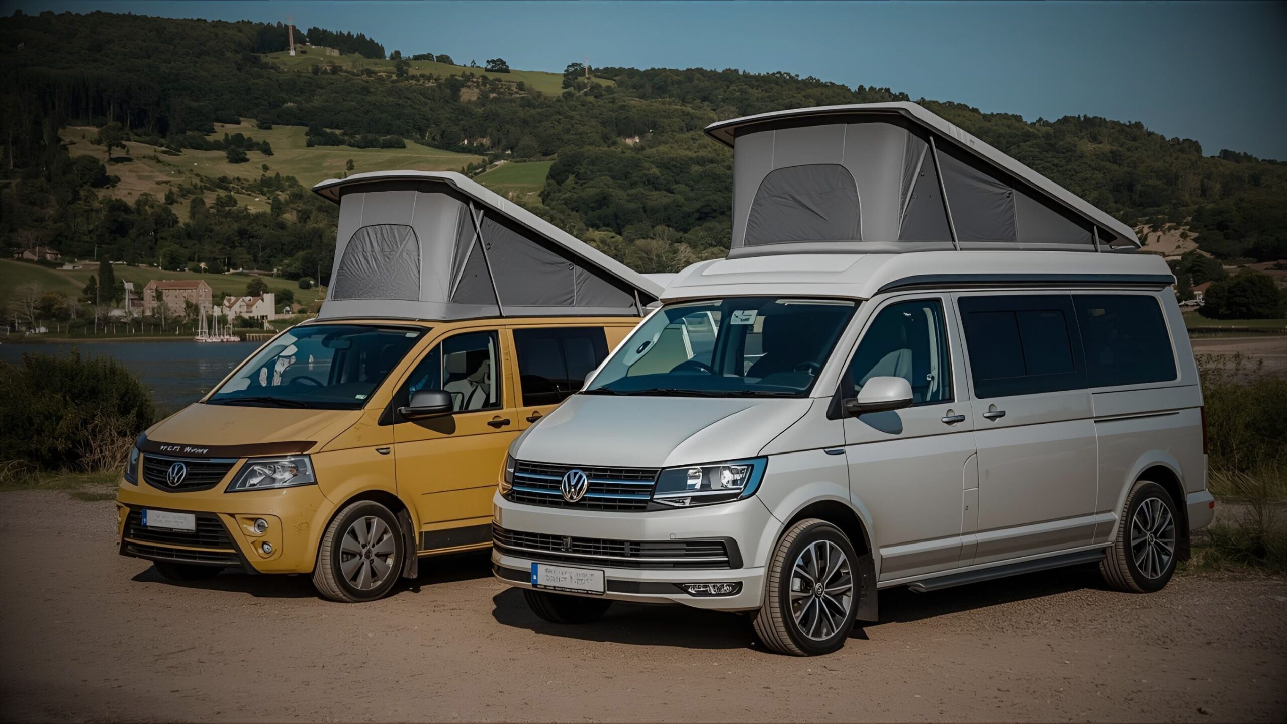 Two modern Volkswagen campervans, one yellow and one silver, with pop-top roofs extended, parked by a scenic lake with hills in the background, representing campervan and motorhome insurance.