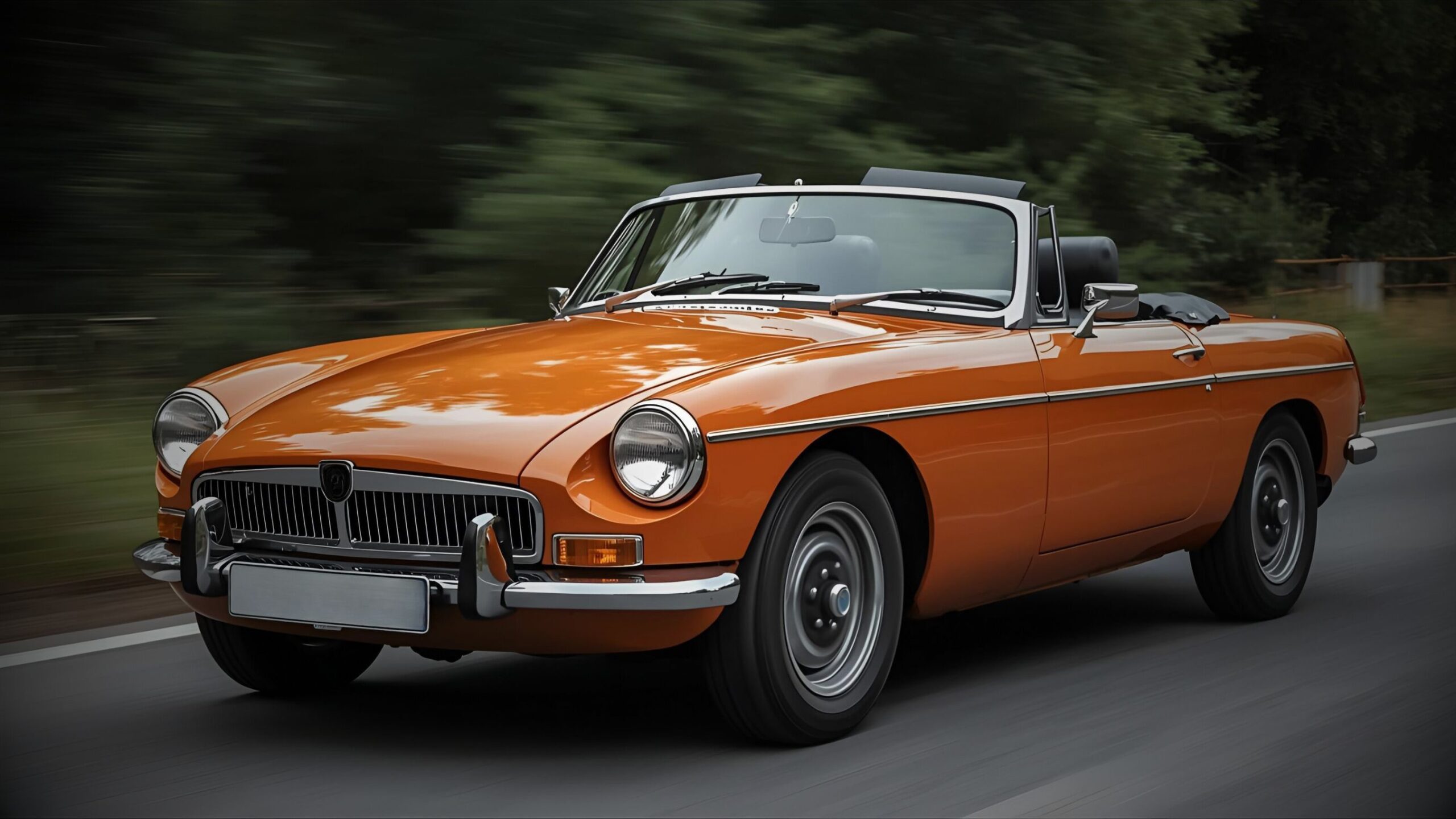A vibrant orange classic MG B Roadster convertible, with its soft top down, captured in motion on a paved road with a blurred green background, symbolizing VINTTRO Cover's classic and investment car insurance.