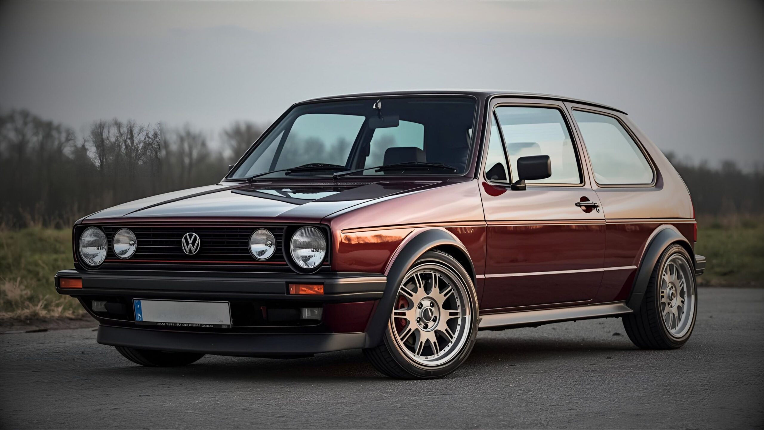 A stunning modified burgundy Volkswagen Golf Mk2 GTI, a beloved retro hot hatch, with flared wheel arches and aftermarket alloy wheels, parked on an asphalt road with a muted background, representing VINTTRO Cover's classic and retro car insurance.