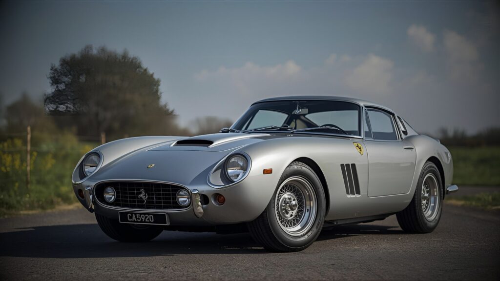 A magnificent silver Ferrari 250 GTO classic investment car with racing louvres, wire wheels, and a low profile, parked on a quiet road under a clear sky, representing VINTTRO Cover's specialist classic and investment car insurance.