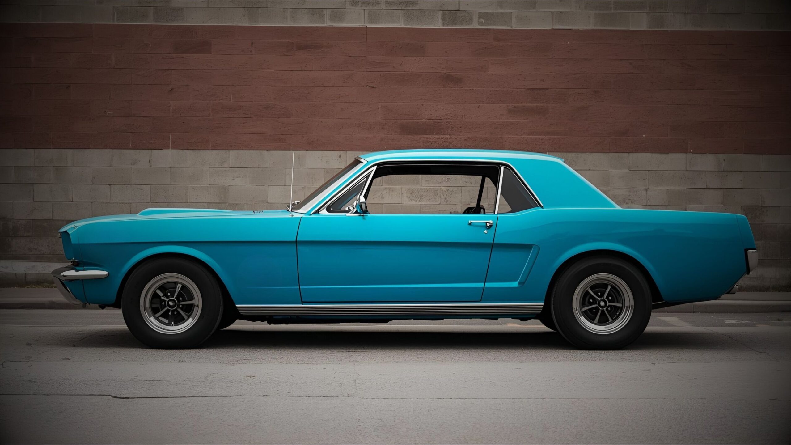 A striking side profile of a vibrant turquoise 1965 Ford Mustang coupe, a quintessential American classic car, with period-correct alloy wheels, parked against a brick wall, representing VINTTRO Cover's classic and investment car insurance.
