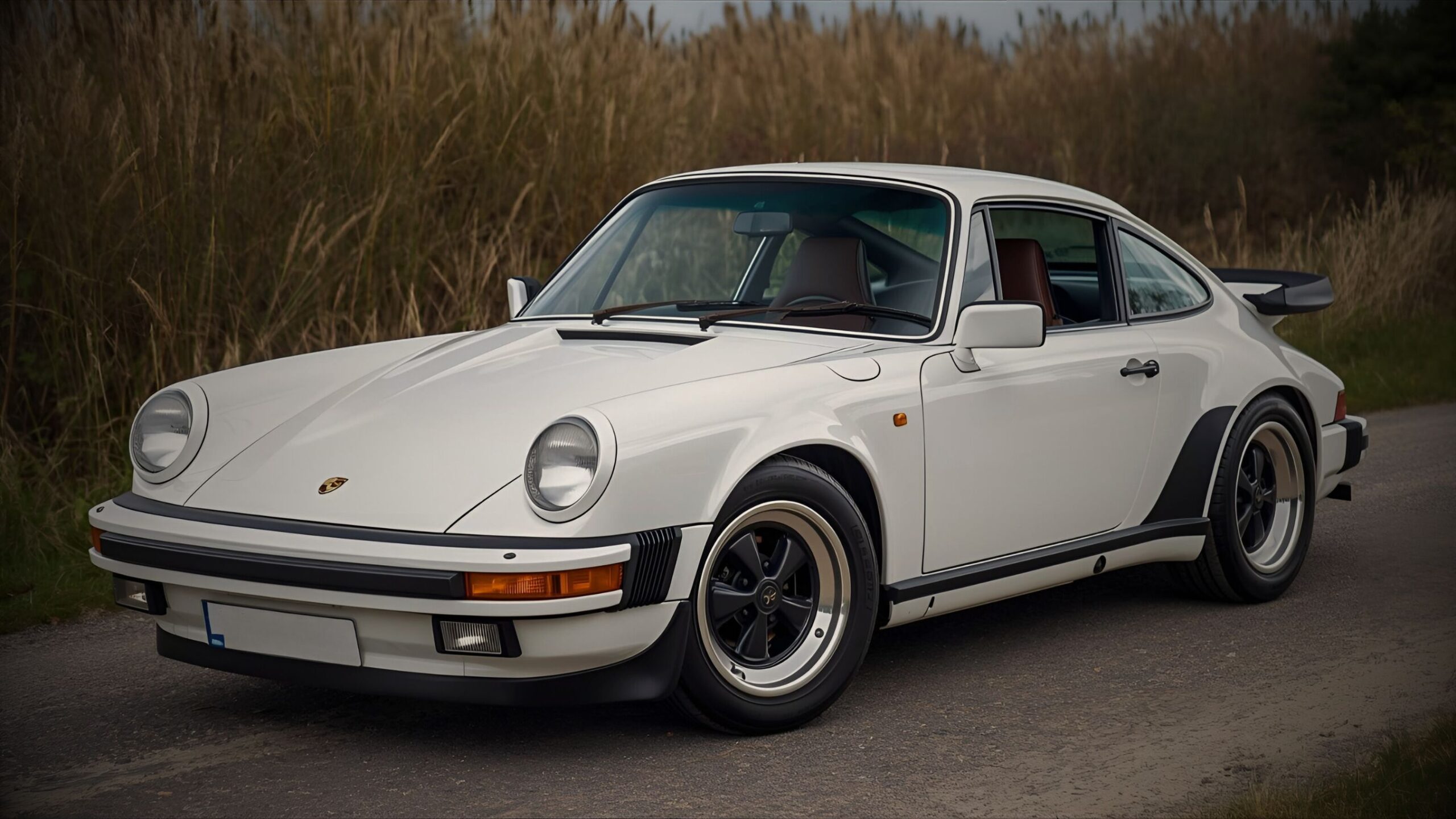 Classic car insurance from VINTTRO Cover is perfectly represented by this pristine white Porsche 911 (930) Turbo, featuring its iconic whale tail spoiler and black Fuchs wheels as it sits parked on a gravel path beside tall reeds.