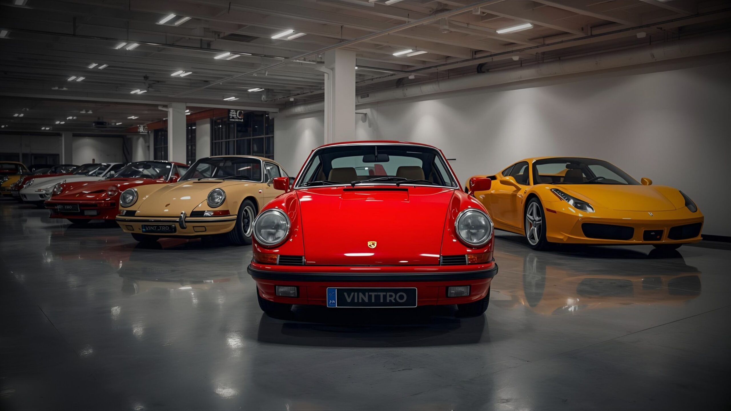Classic Porsche 911 Targa and modern Ferrari 458 in a luxury car collection storage facility, representing specialist collectors multi-car insurance policies