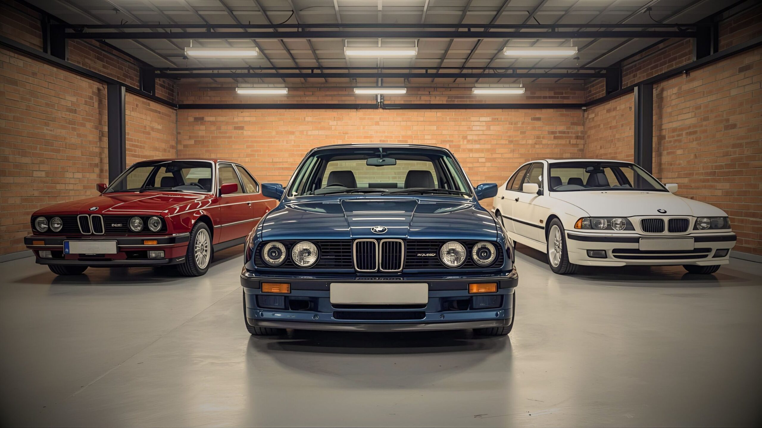 BMW Collection Multi-Car Policies: Three classic BMW cars, including a red E30 coupe, a blue E30 M3, and a white E38 7 Series, parked in a modern, brick-walled garage. VINTTRO Cover specialist multi-car insurance.