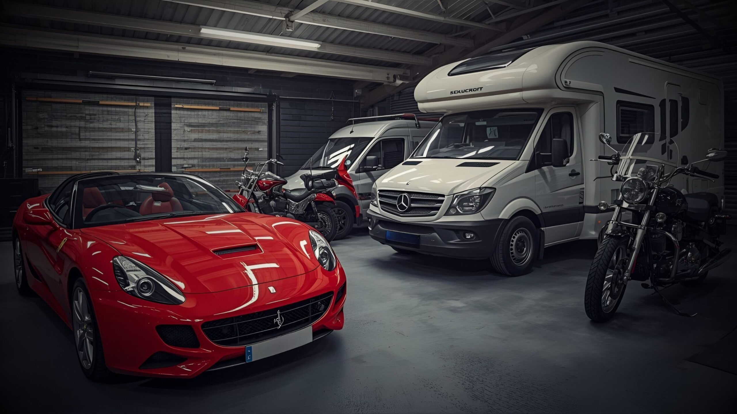 Vehicle Collection Diverse collection of vehicles in a garage, including a red Ferrari California convertible, a large white motorhome (RV), a commercial van, and two motorcycles. VINTTRO Cover multi-vehicle insurance.