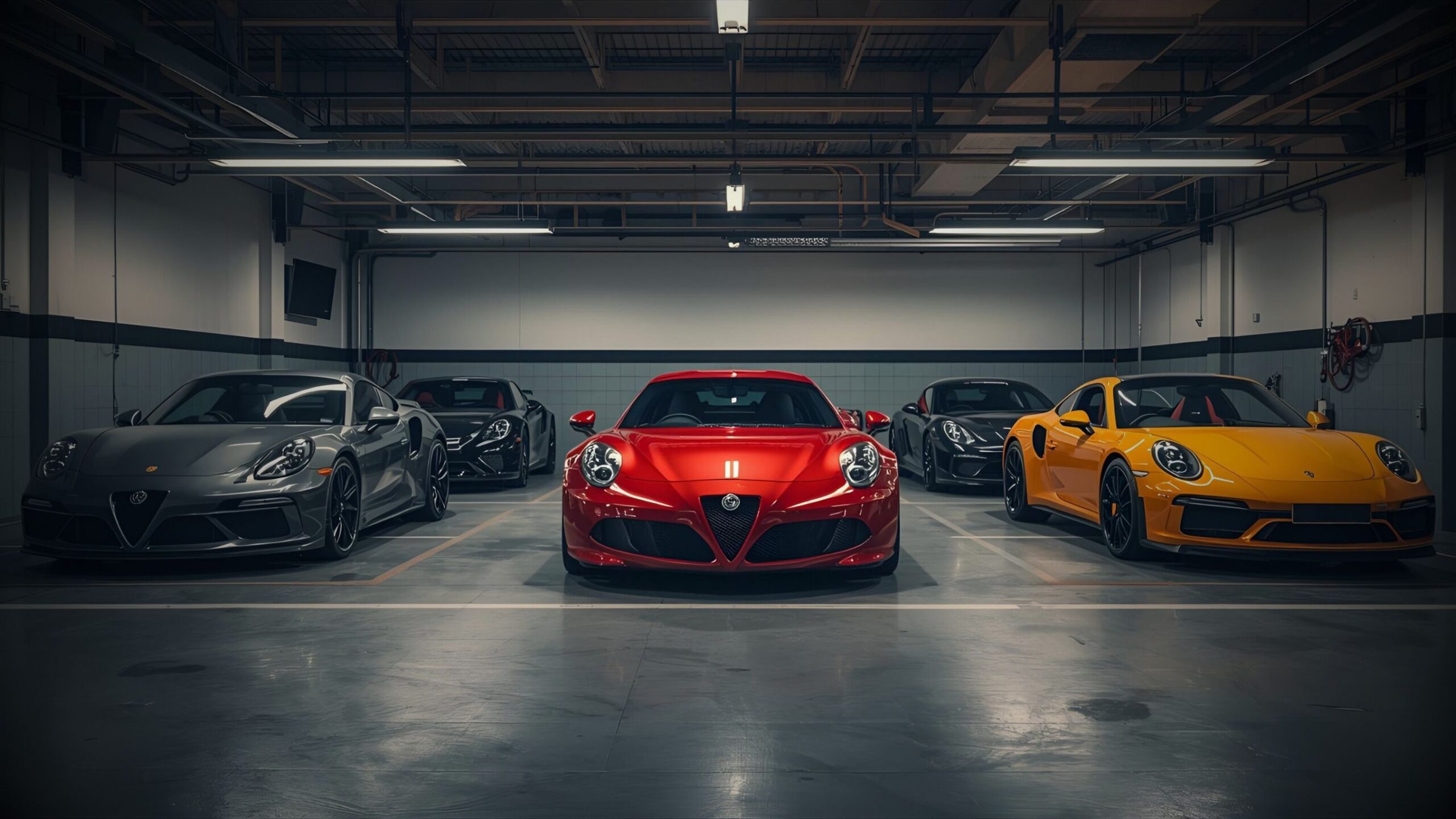 Car Collection Five high-performance sports cars parked in a dark garage, including a red Alfa Romeo 4C, a yellow Porsche 911 GT3, and three grey/black Porsche 911 models. VINTTRO Cover performance multi-car insurance.