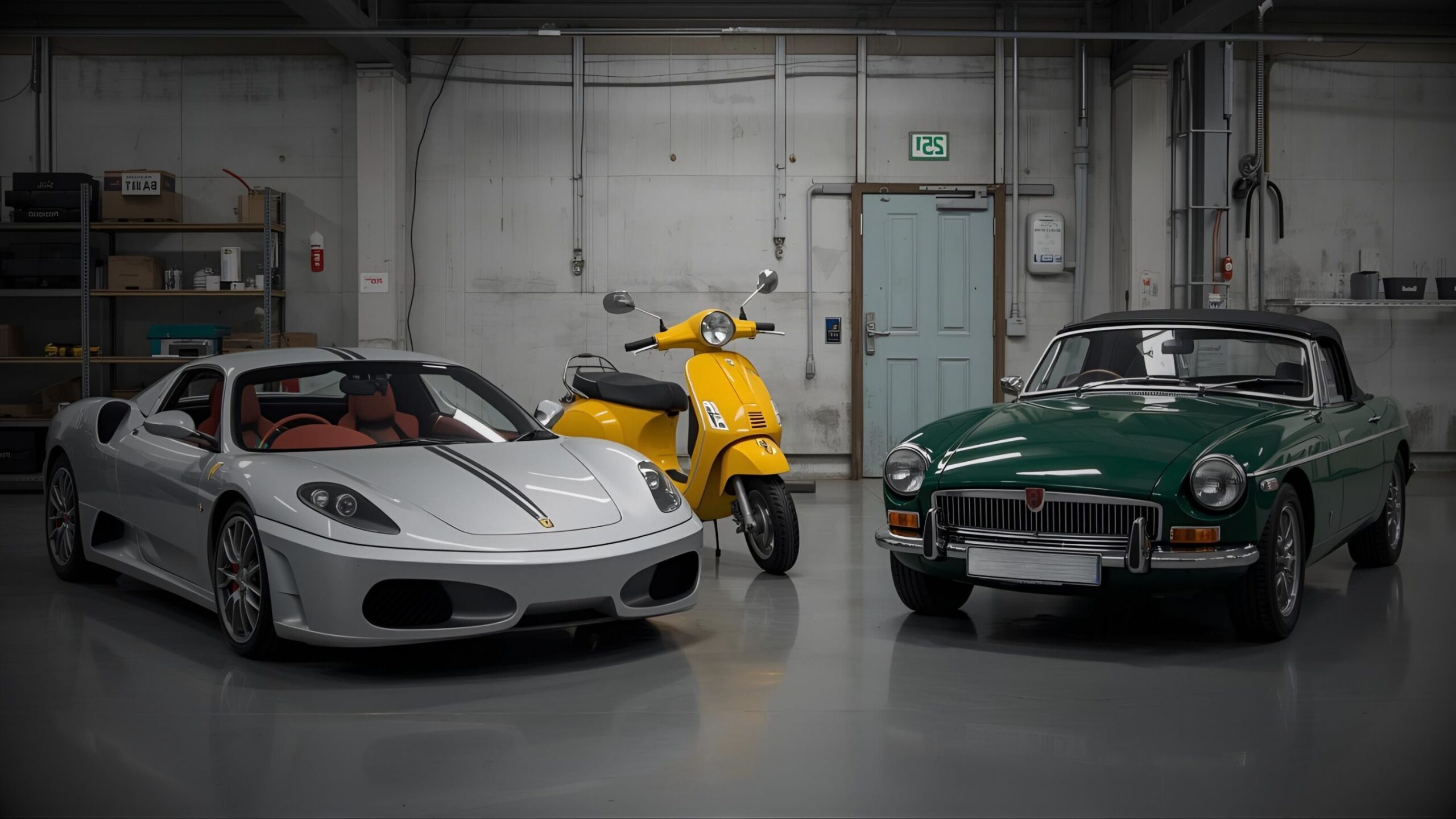 Vehicle Collector A unique vehicle collection in a garage featuring a silver Ferrari F430, a yellow Vespa scooter, and a green MGB GT classic convertible. VINTTRO Cover multi car insurance policies for collectors.