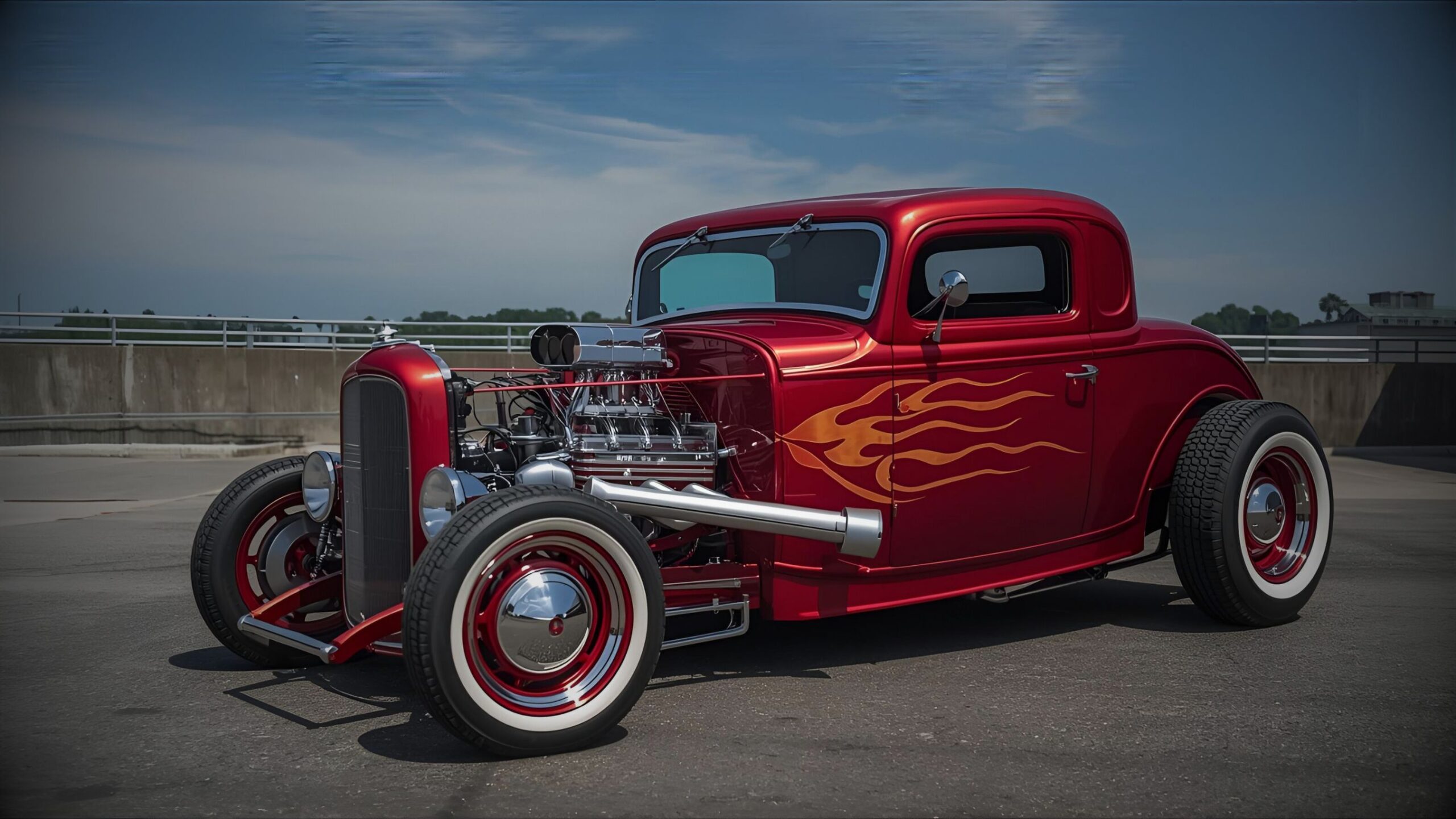 A glistening metallic red 1932 Ford coupe hot rod with custom flame paintwork, white wall tires, and a visible chrome engine with velocity stacks, parked on a tarmac surface under a clear sky, representing specialist hot rod and custom car insurance.