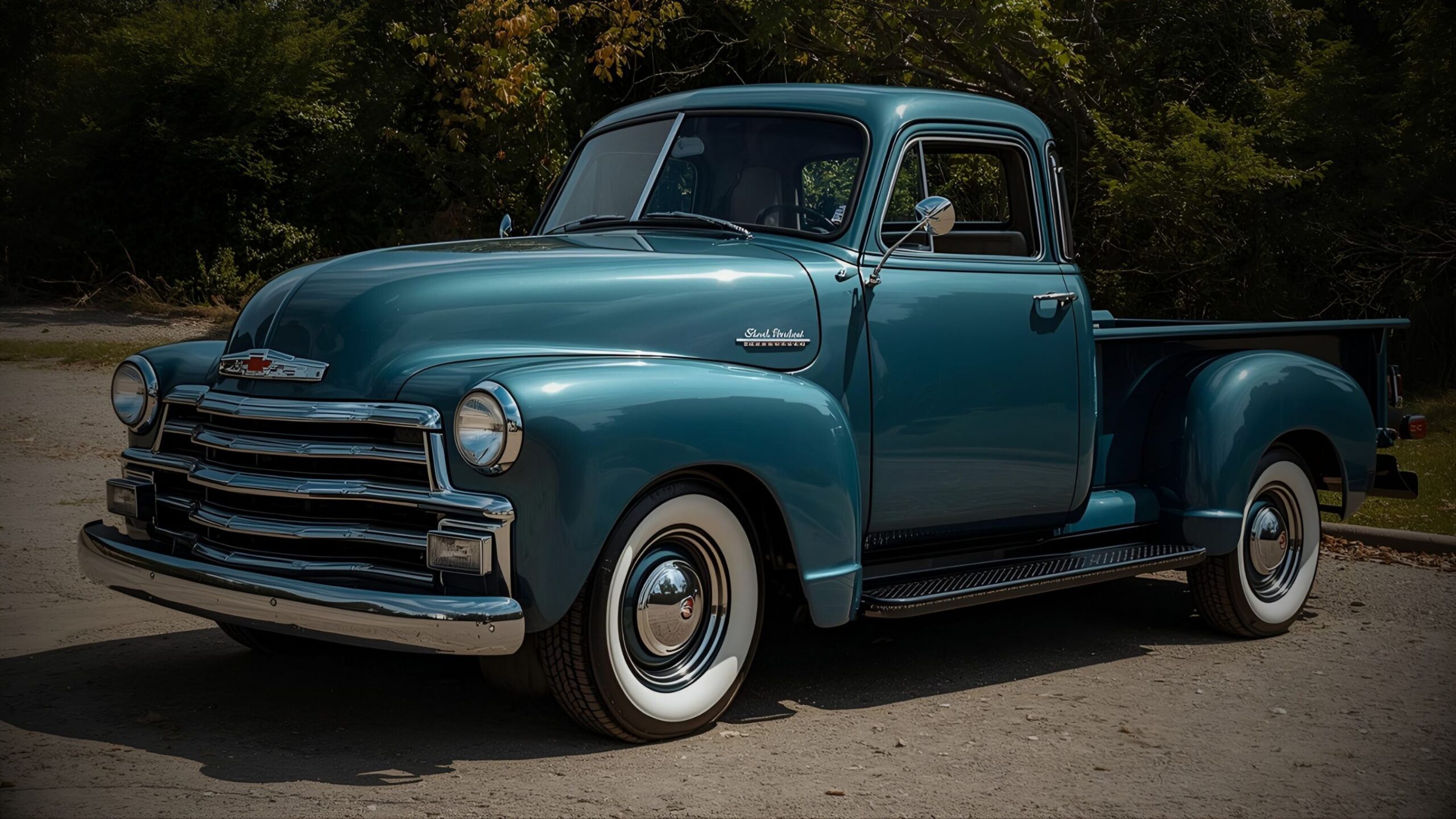 US Classic Car A restored vintage teal or blue Chevrolet 3100 pickup truck with whitewall tires and chrome accents, representing specialist insurance for classic American trucks and custom hot rods.