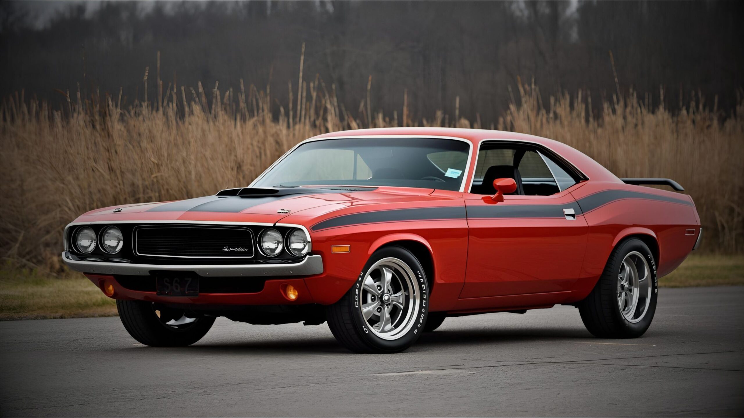 US Muscle Car A powerful red classic Mopar Dodge Challenger R/T or similar US Muscle Car with black racing stripes, showcasing specialist insurance for high-performance and classic American vehicles.