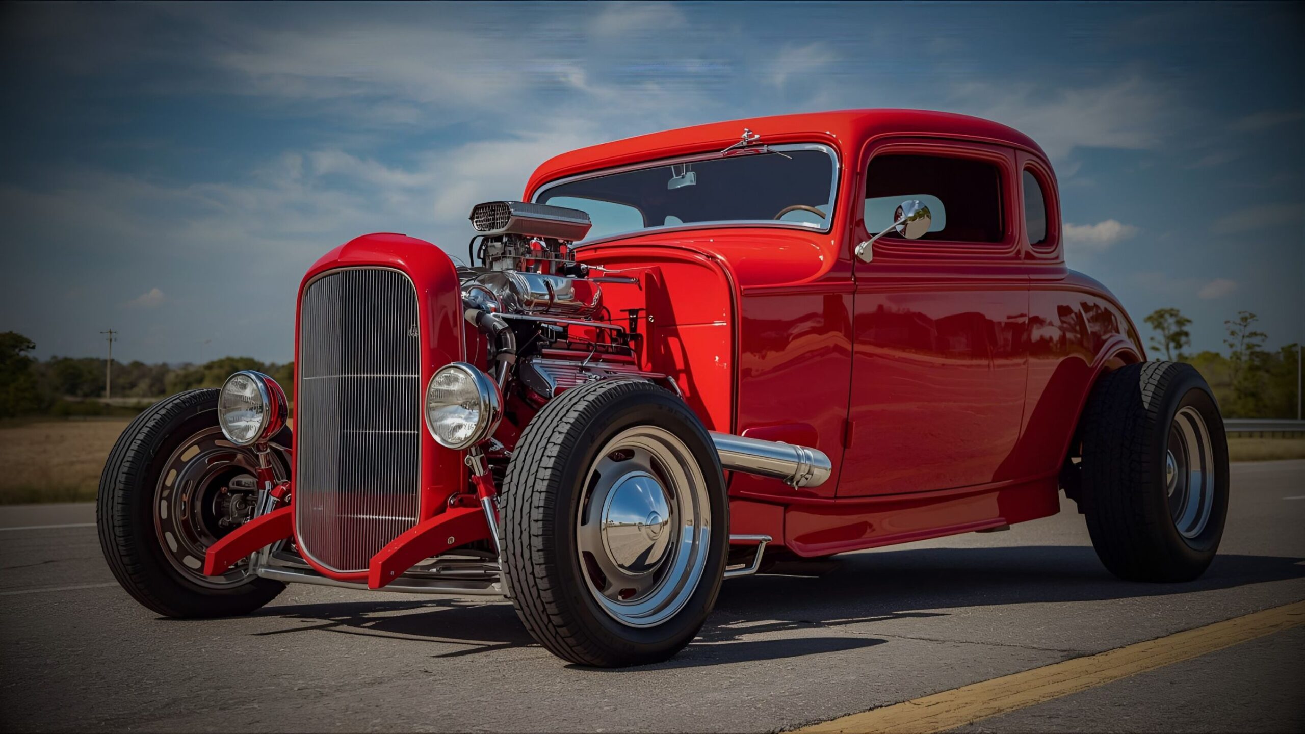 US Hot Rod A vibrant red 1932 Ford 3-window coupe hot rod with an exposed chrome supercharger and wide tyres, parked on an asphalt road under a blue sky, representing specialist hot rod and custom car insurance.