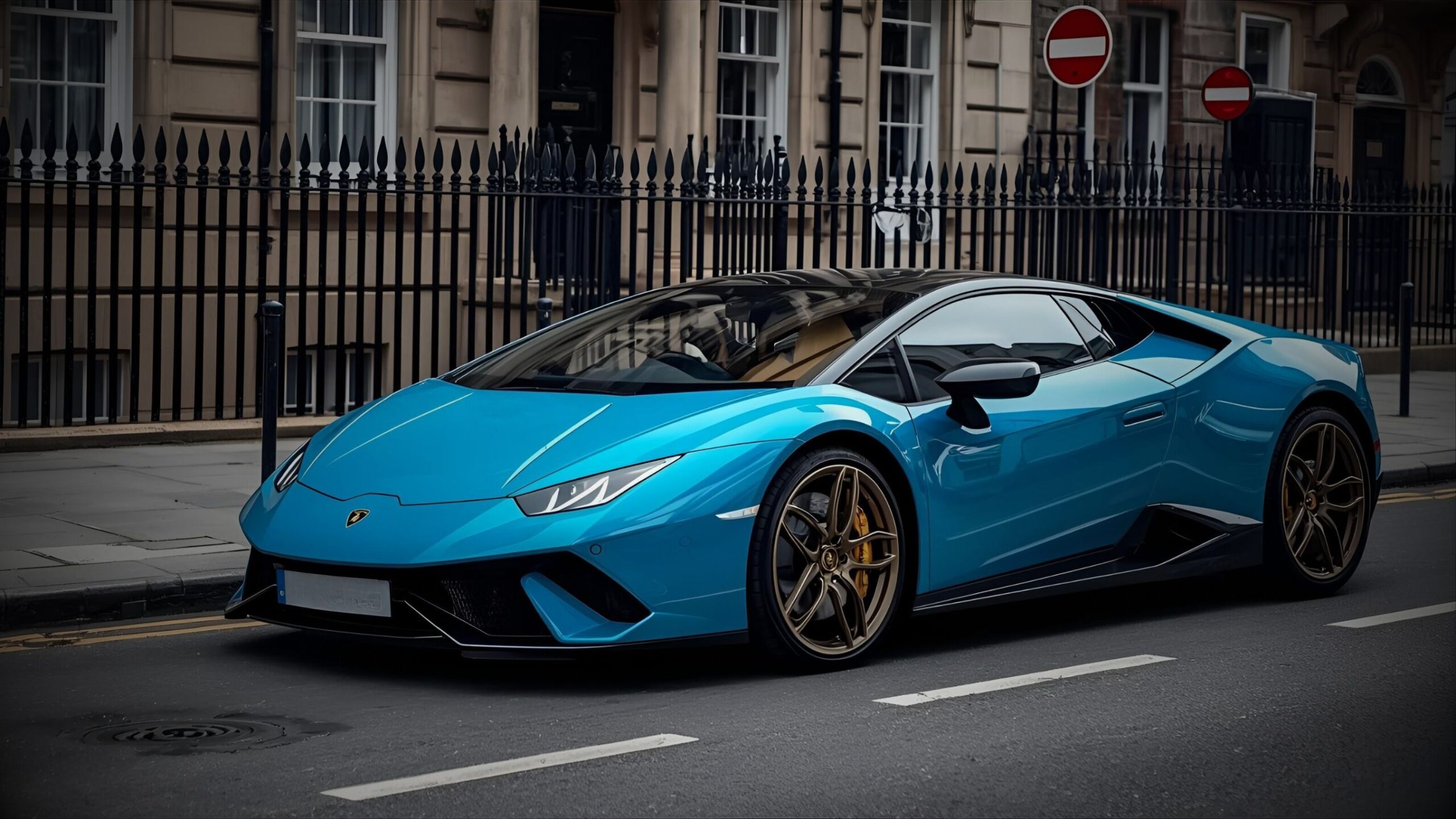 Low-angle shot of a stunning bright blue Lamborghini Huracán Evo or similar model supercar parked curb side on a classic European city street, signifying specialist high-performance vehicle insurance.