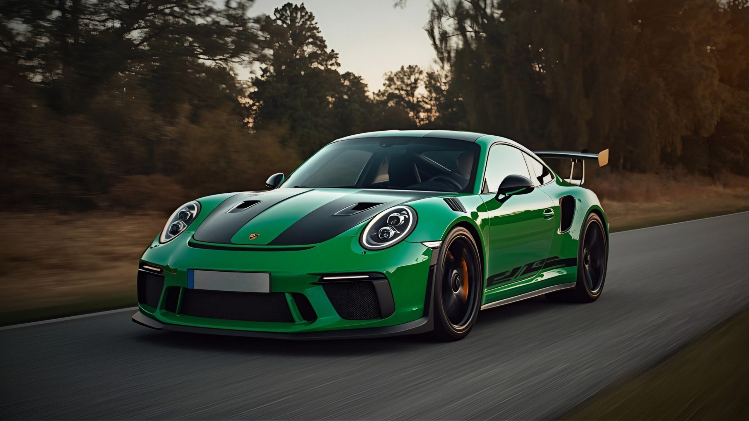 Car Finance. Vibrant green Porsche 911 GT3 or similar high-performance sports car with black racing stripes driving quickly on an open road lined by trees, signifying specialist high-value motor insurance and vehicle funding